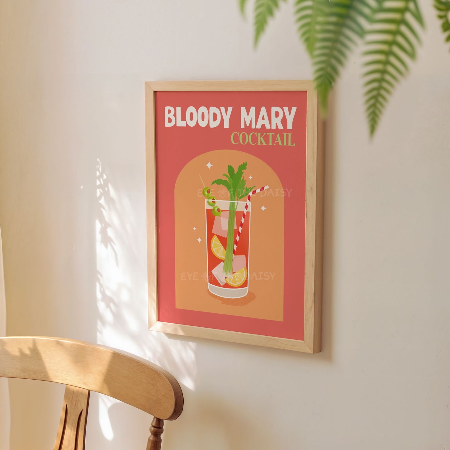 Printable cocktail art for Airbnb – retro Bloody Mary wall print, digital artwork for stylish rental kitchen decor