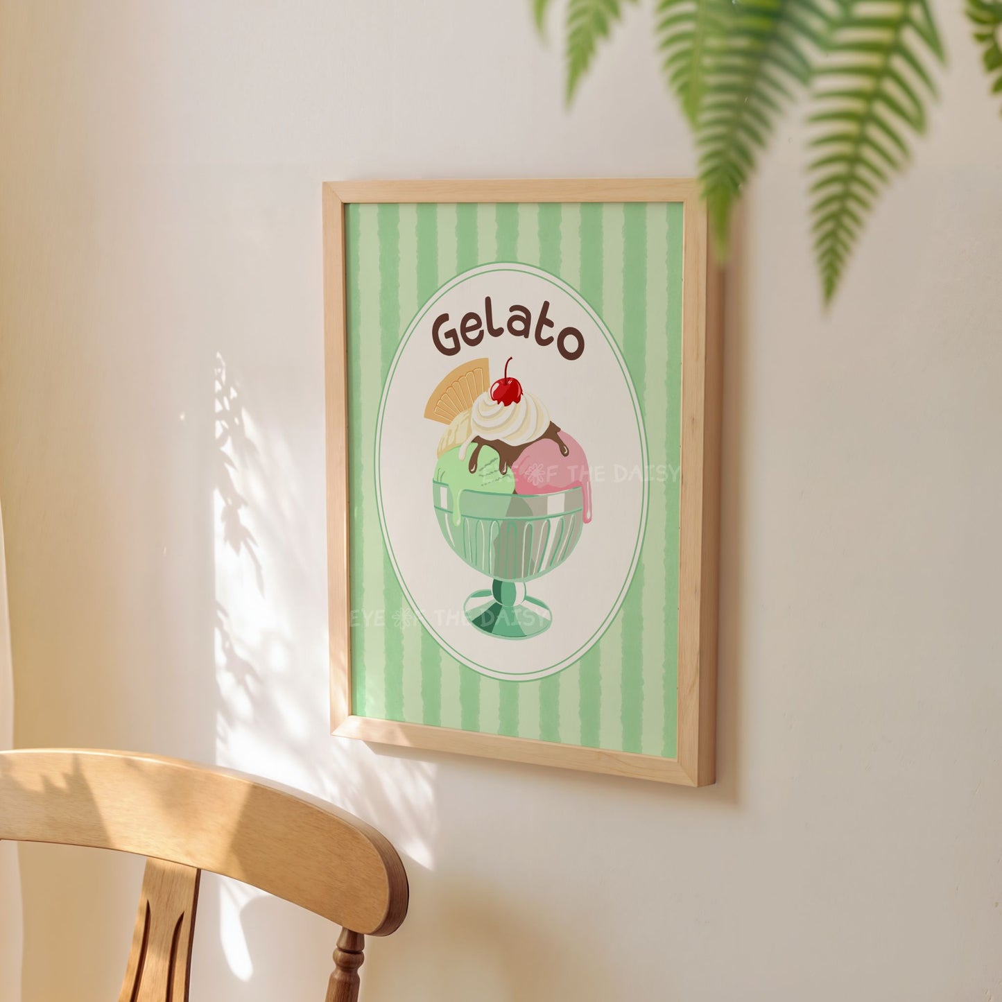 "Gelato" printable wall art, with a hand drawn ice cream sundae illustration, retro contemporary kitchen printable