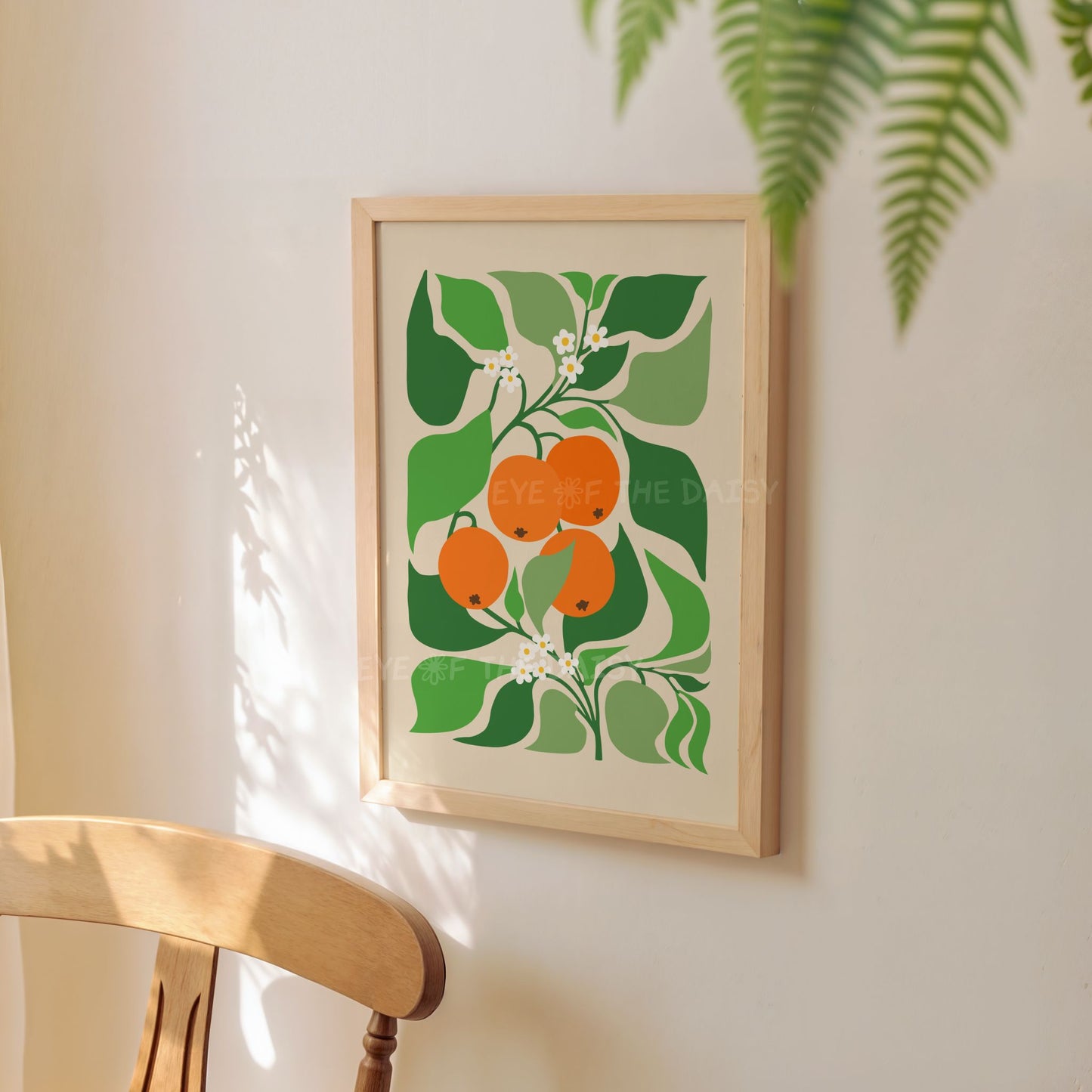 Stylized orange tree downloadable print with twisting stalks and leaves – printable oranges poster in modern botanical style