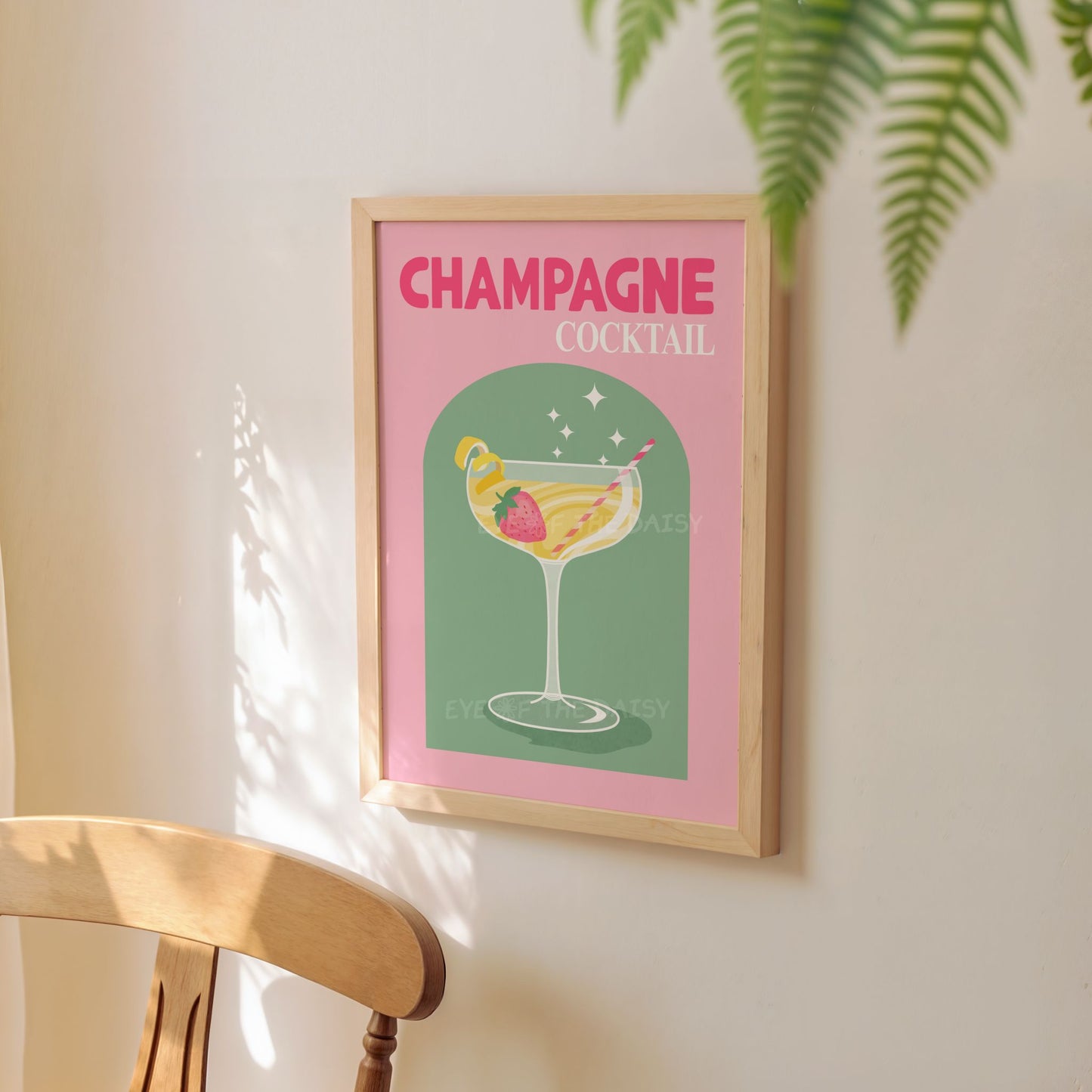 Retro champagne cocktail print – funky pink & green wall art, printable poster download for colorful trendy kitchen decor