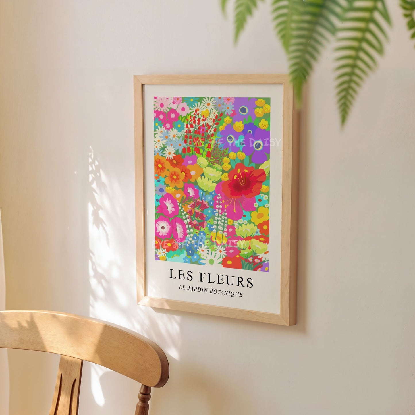 Vibrant floral digital print of bright colorful abstract flower garden – contemporary floral decor with 'Les Fleurs' text in modern living room