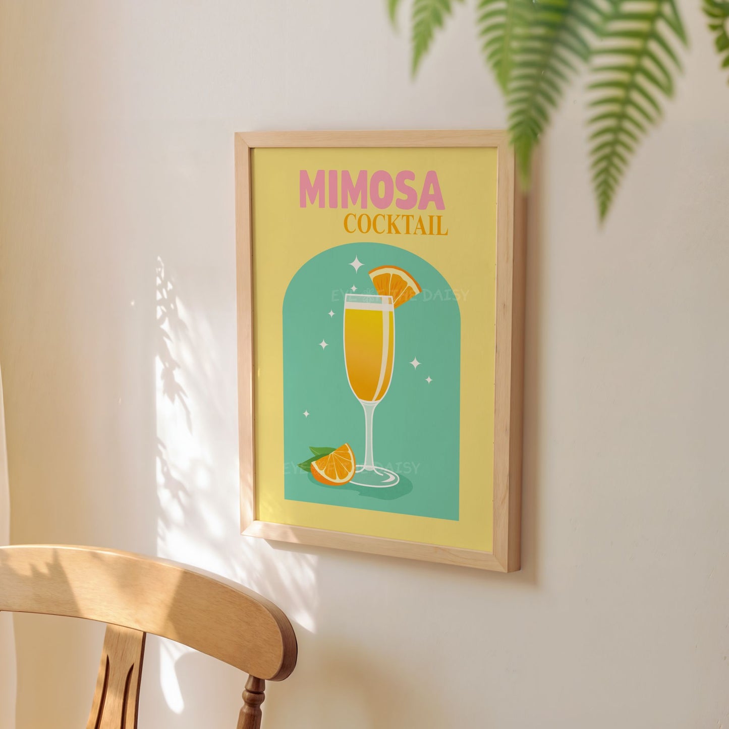 Mimosa cocktail print for apartment wall decor — downloadable retro art print in bright yellow and green, fun printable wall art