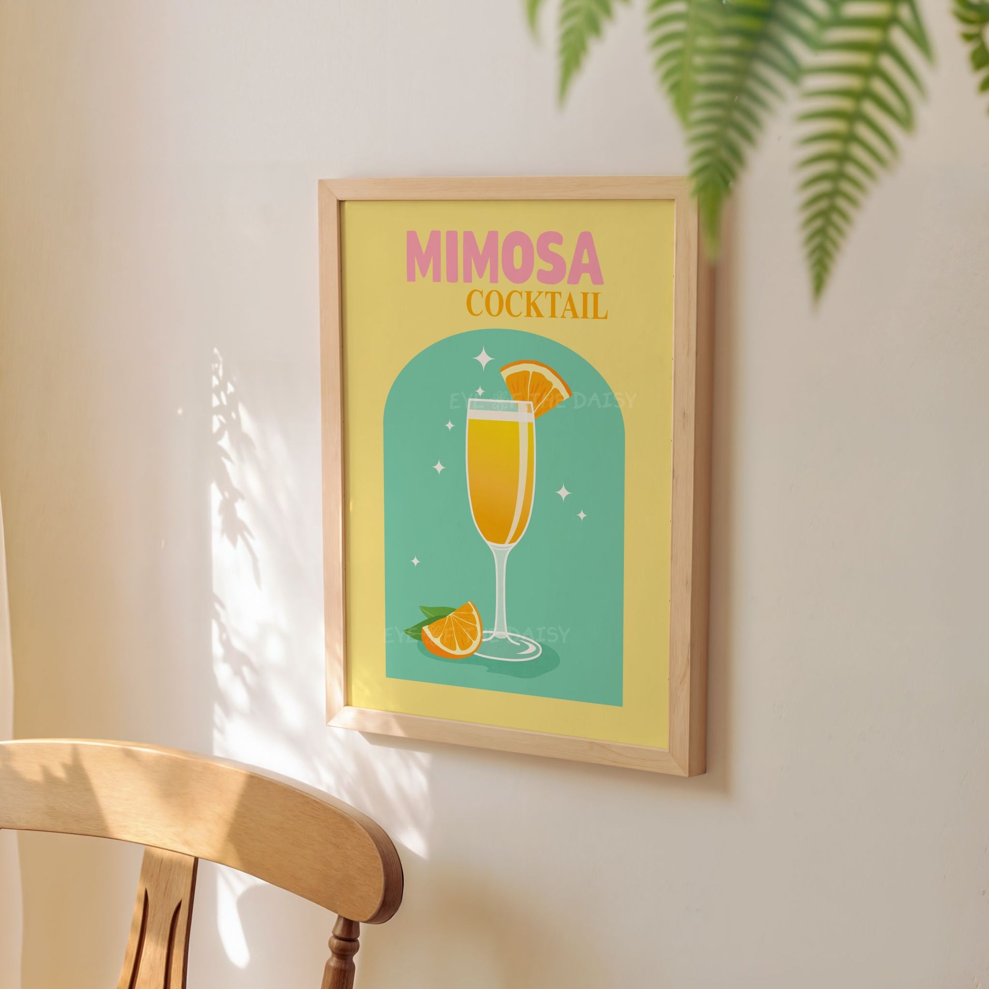 Mimosa cocktail print for apartment wall decor — downloadable retro art print in bright yellow and green, fun printable wall art