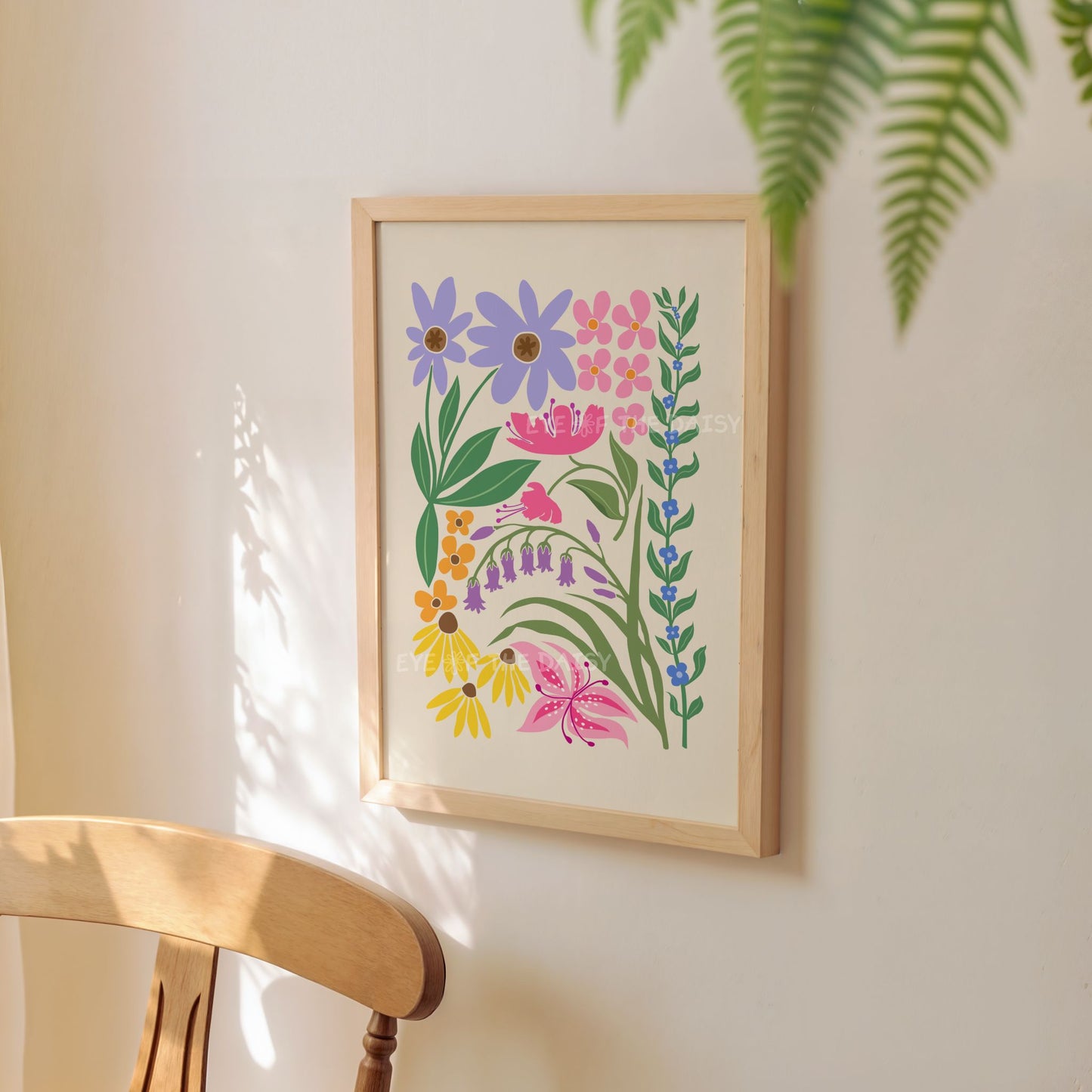 Vibrant botanical art print of pink, lilac, purple, blue, orange and yellow abstract flowers and green leaves intertwining on beige, modern Scandi style