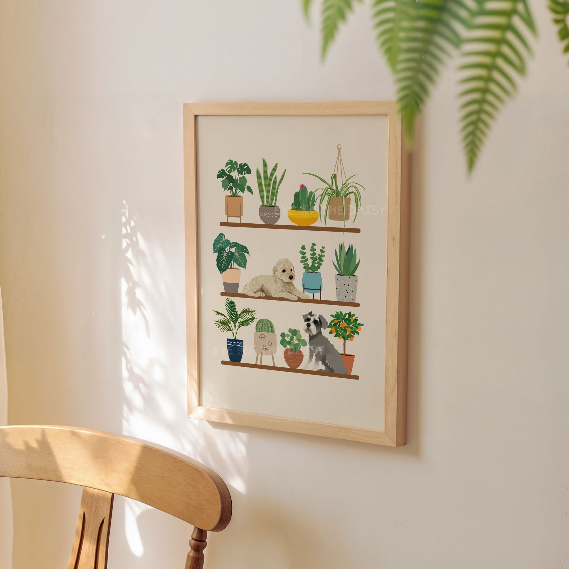 Framed custom pet wall art print of pets and house plants