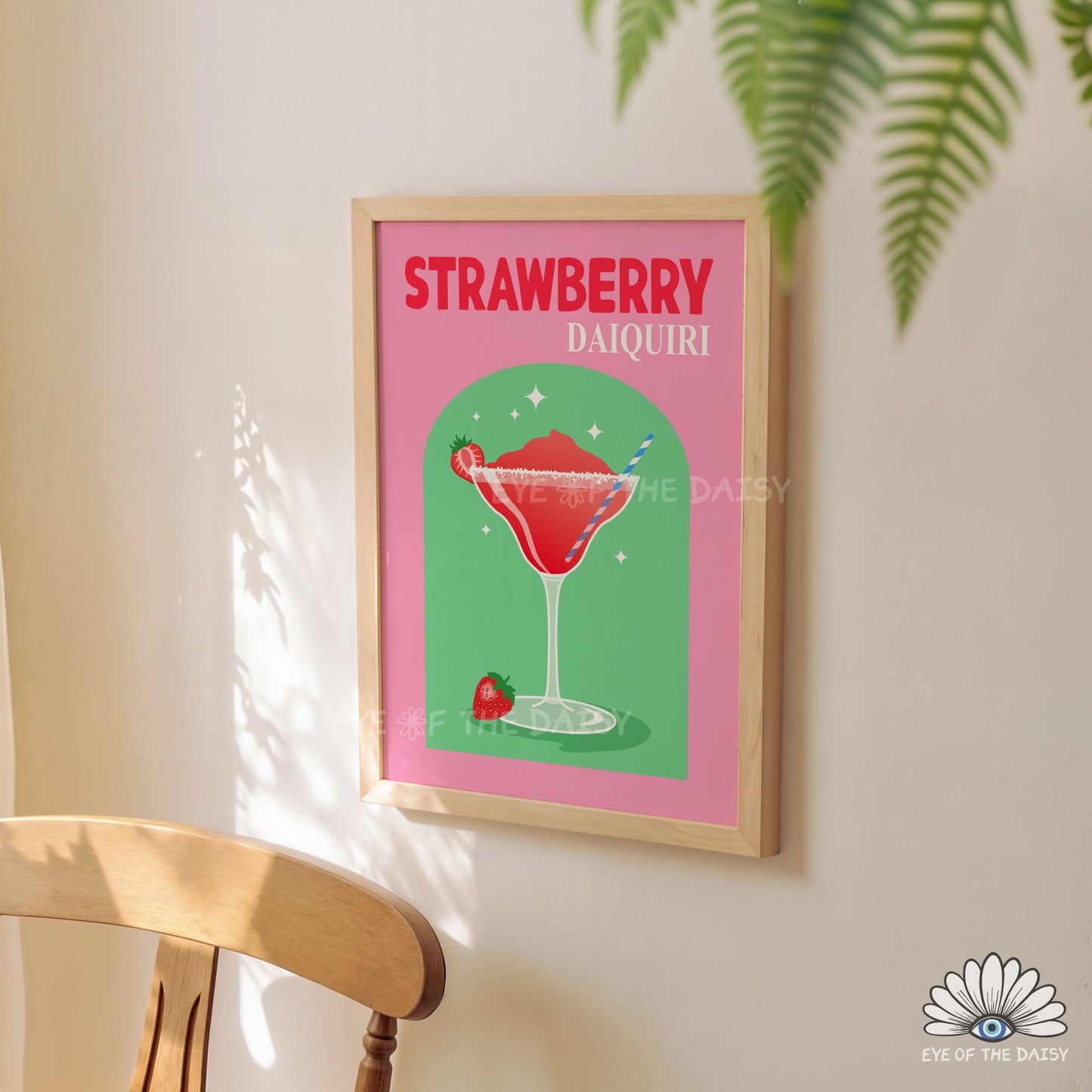 funky retro cocktail print Strawberry Daiquiri pink and green digital download for bar cart or kitchen