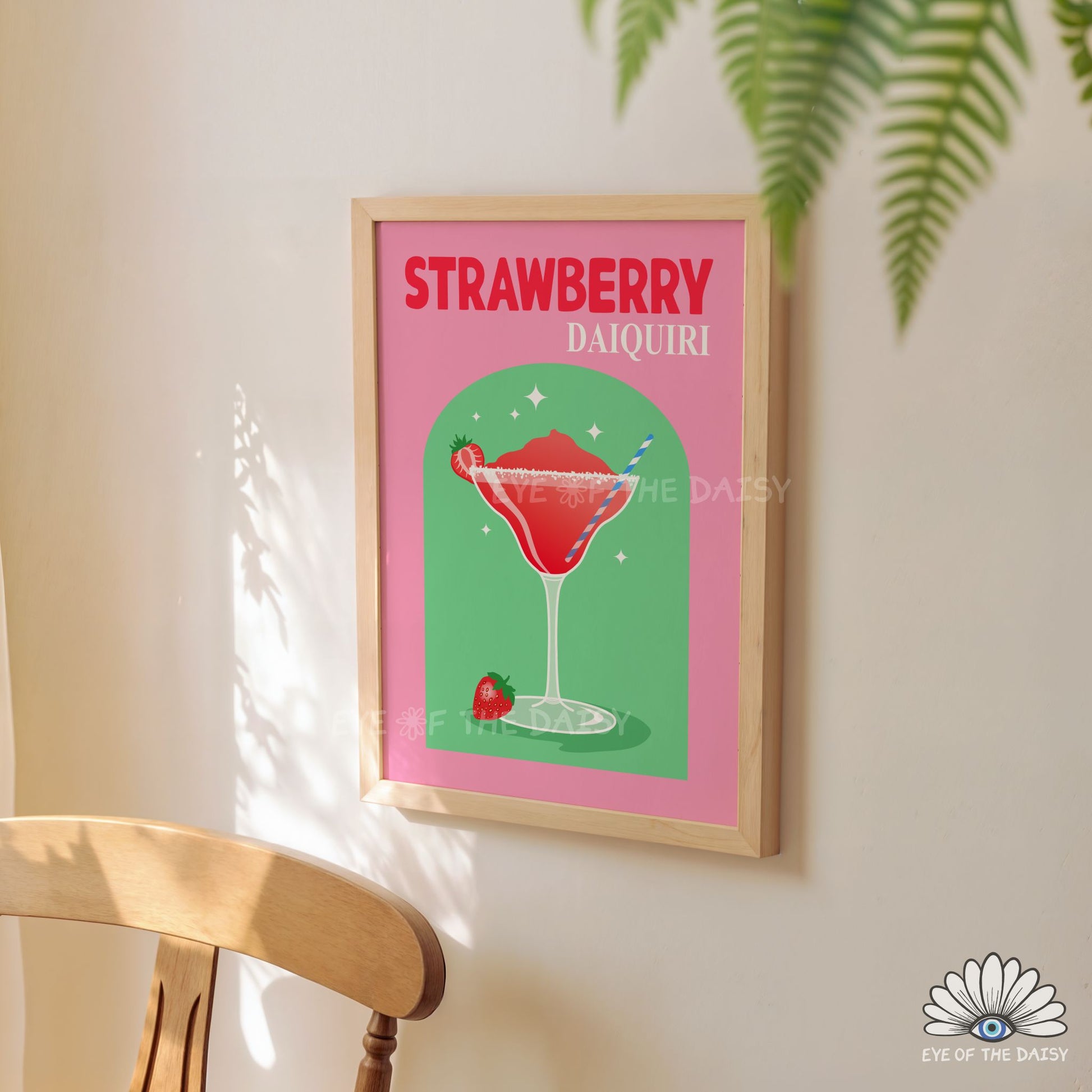 funky retro cocktail print Strawberry Daiquiri pink and green digital download for bar cart or kitchen