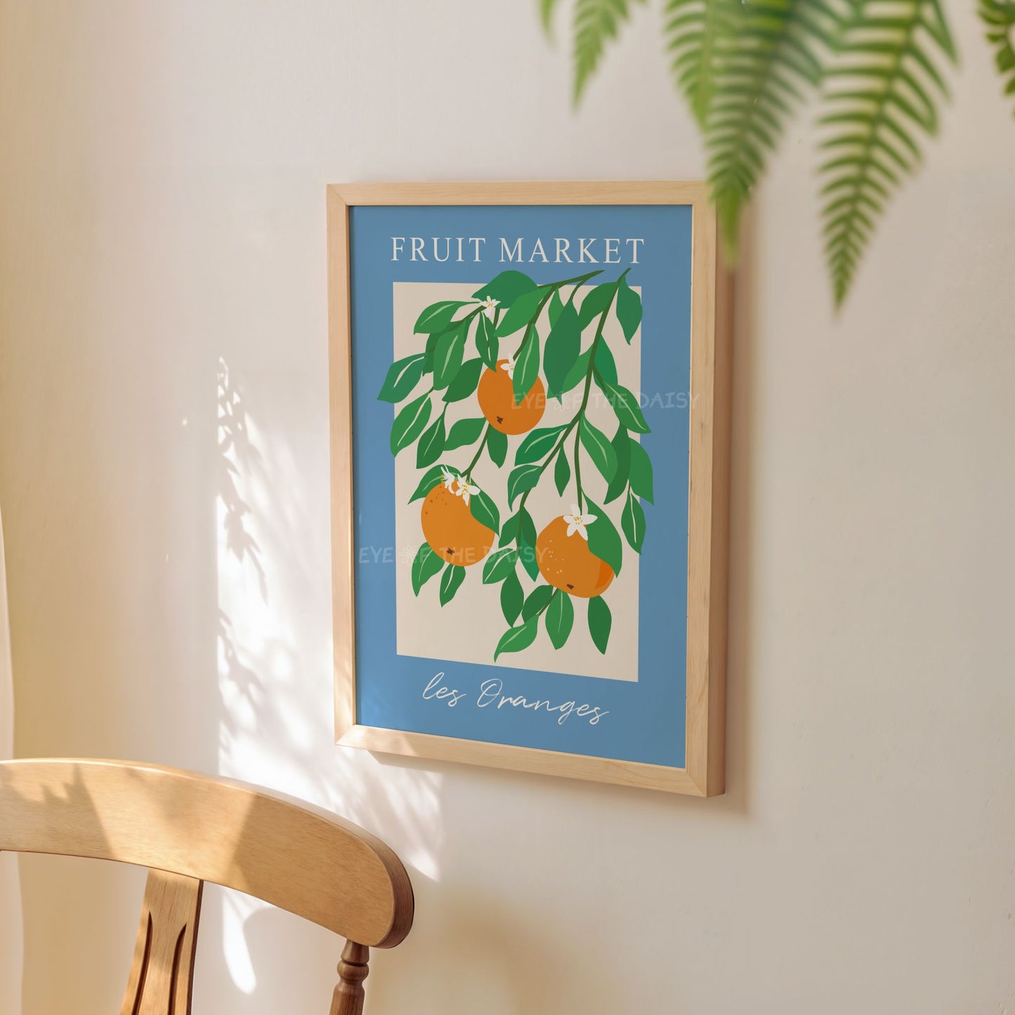 Fruit Market orange tree digital art print with bright green leaves and royal blue border – playful kitchen decor with Mediterranean vibes