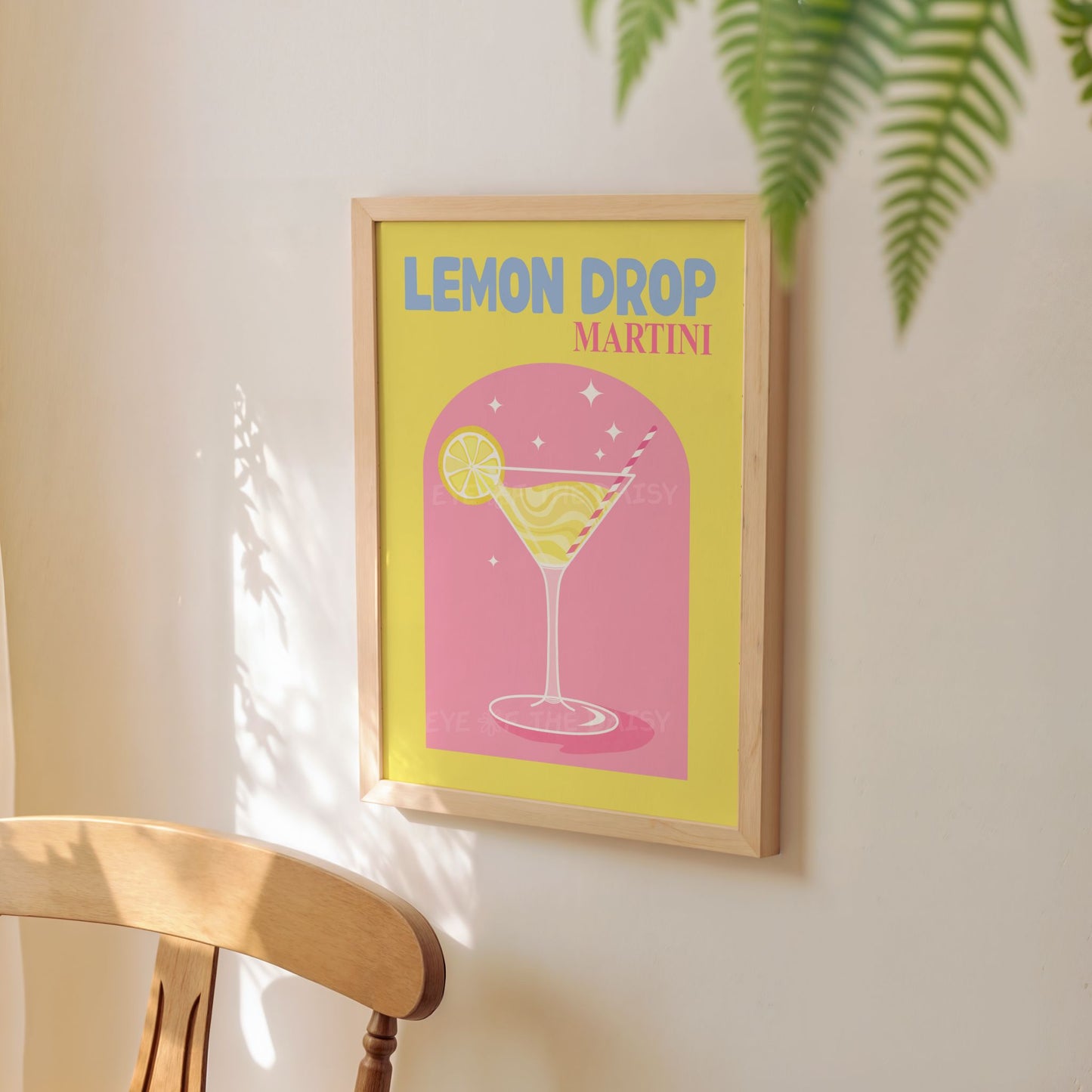 Lemon Drop Martini drink poster for dorm or college room bar wall, cute retro printable for vibrant DIY cocktail decor