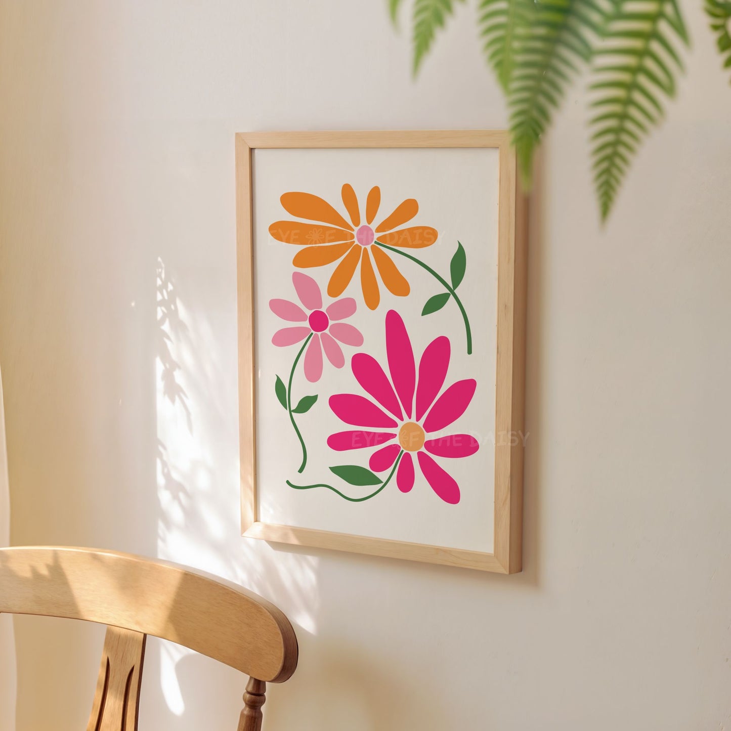 Stylized flower printable poster in vibrant pink and orange, digital art print for trendy feminine apartment gallery wall or bedroom