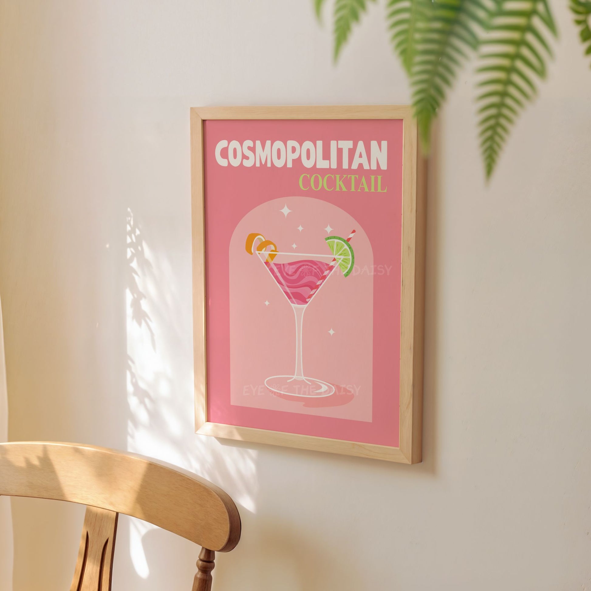Pink cocktail printable wall art – Cosmopolitan poster in retro girly style, vibrant download for colorful modern apartment decor