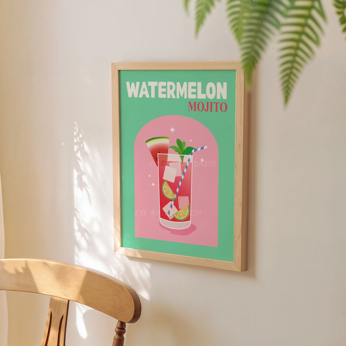 Funky Watermelon Mojito cocktail art print, digital download drink poster for trendy home bar or bar cart gallery wall decor