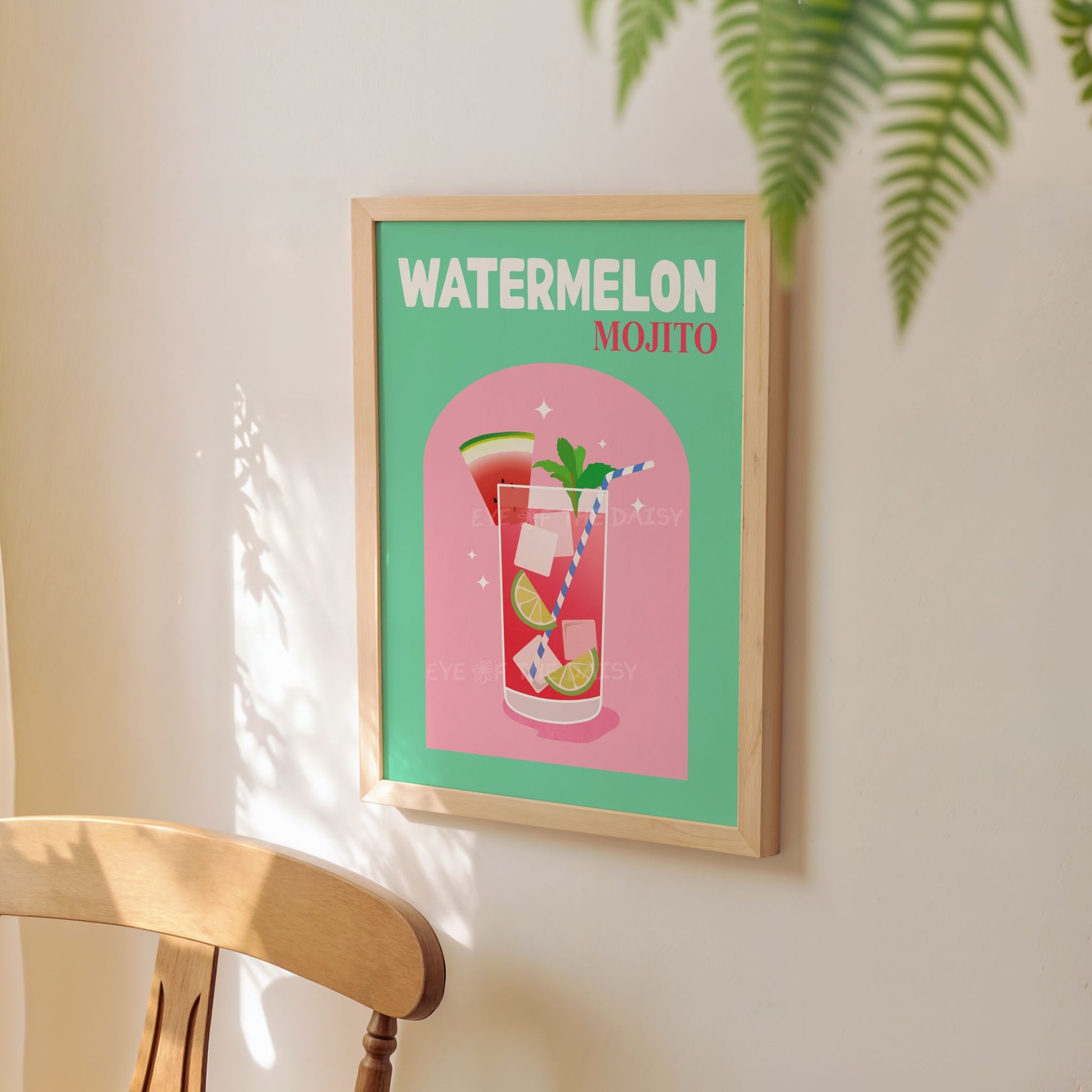 Funky Watermelon Mojito cocktail art print, digital download drink poster for trendy home bar or bar cart gallery wall decor