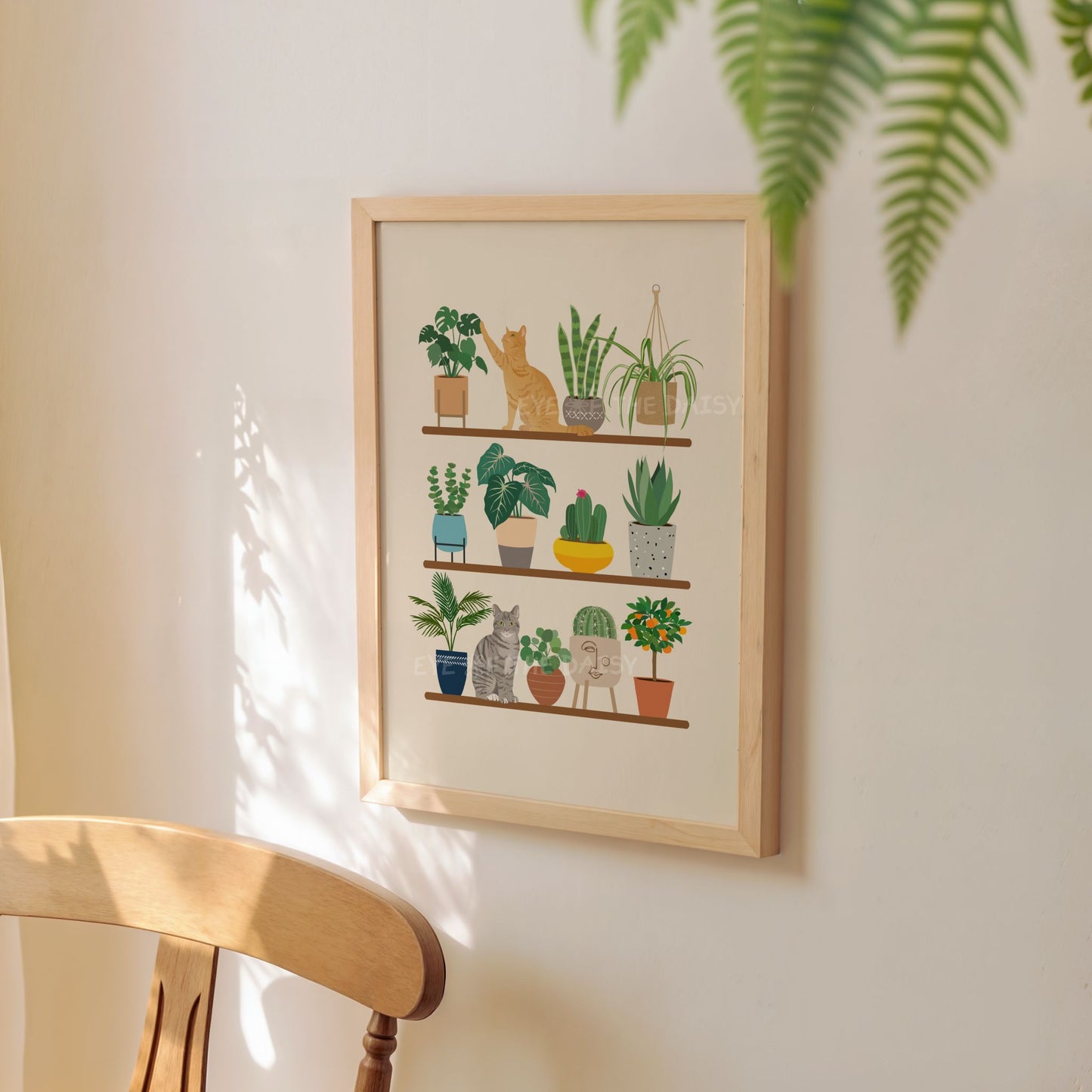 Ginger and tabby cat art print – downloadable wall poster with colourful house plants on shelf, perfect for cat lovers