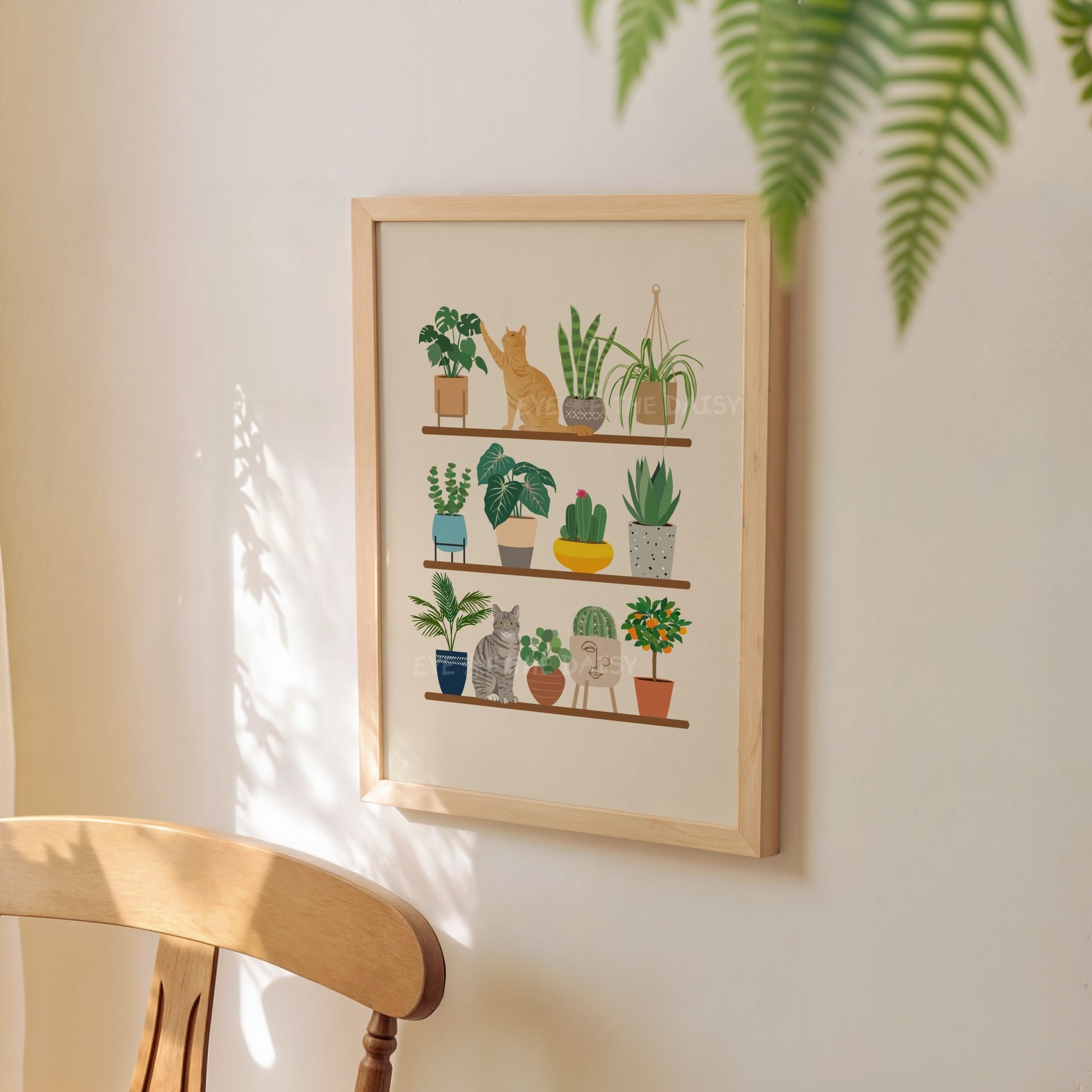 Ginger and tabby cat art print – downloadable wall poster with colourful house plants on shelf, perfect for cat lovers