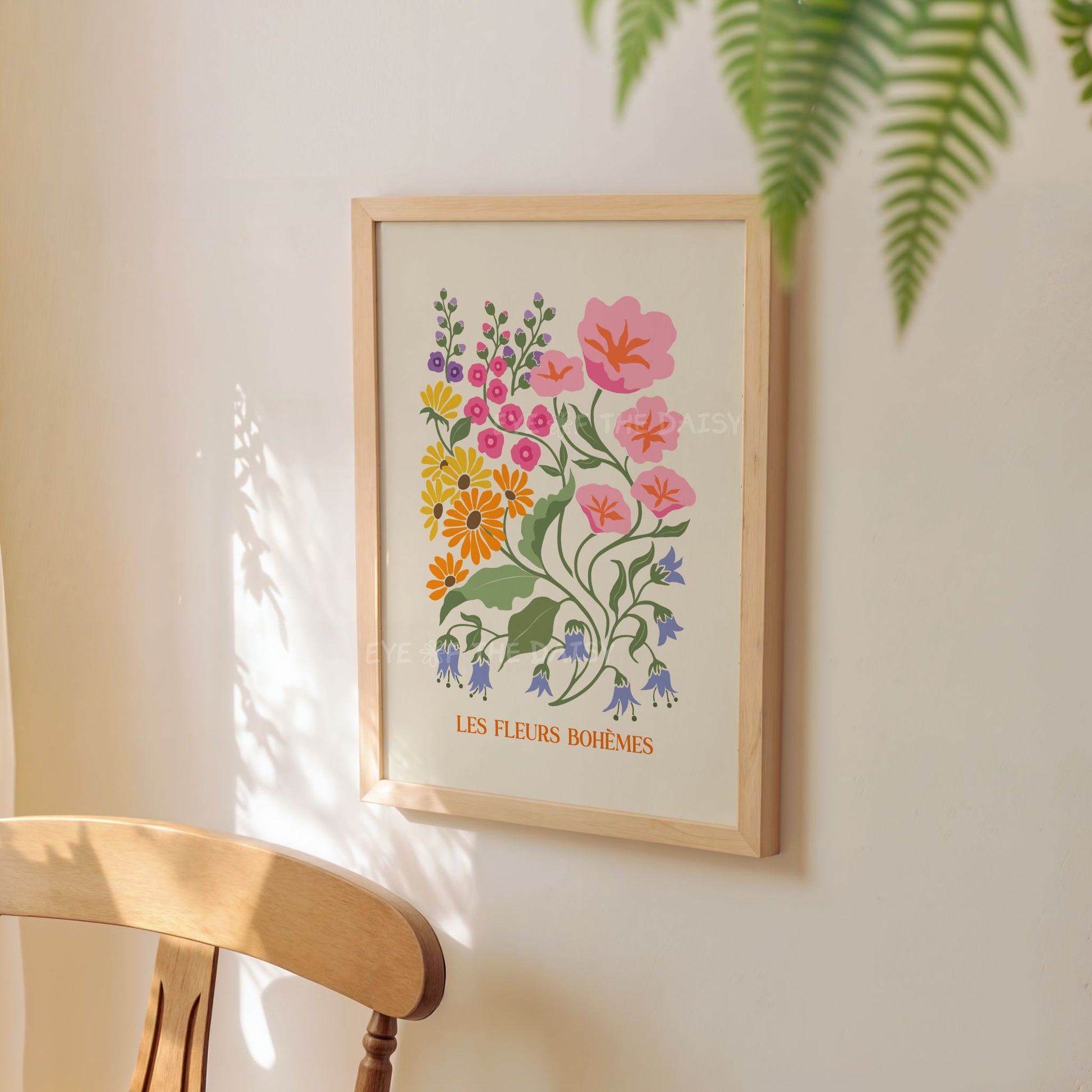 Boho abstract botanical digital art print in pink and orange on beige, colourful floral downloadable wall art