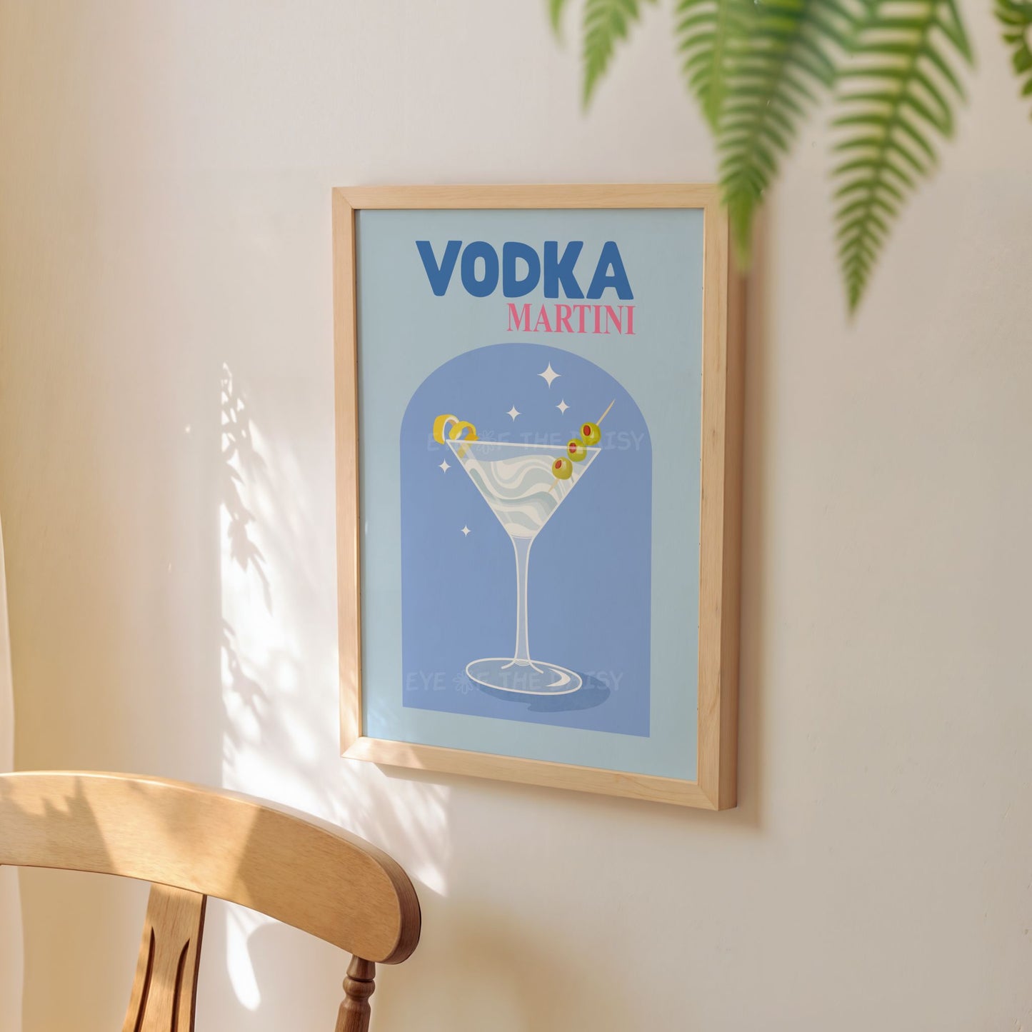 Funky Vodka Martini printable wall art — bold blue cocktail print download with retro design, ideal for modern kitchens and party decor