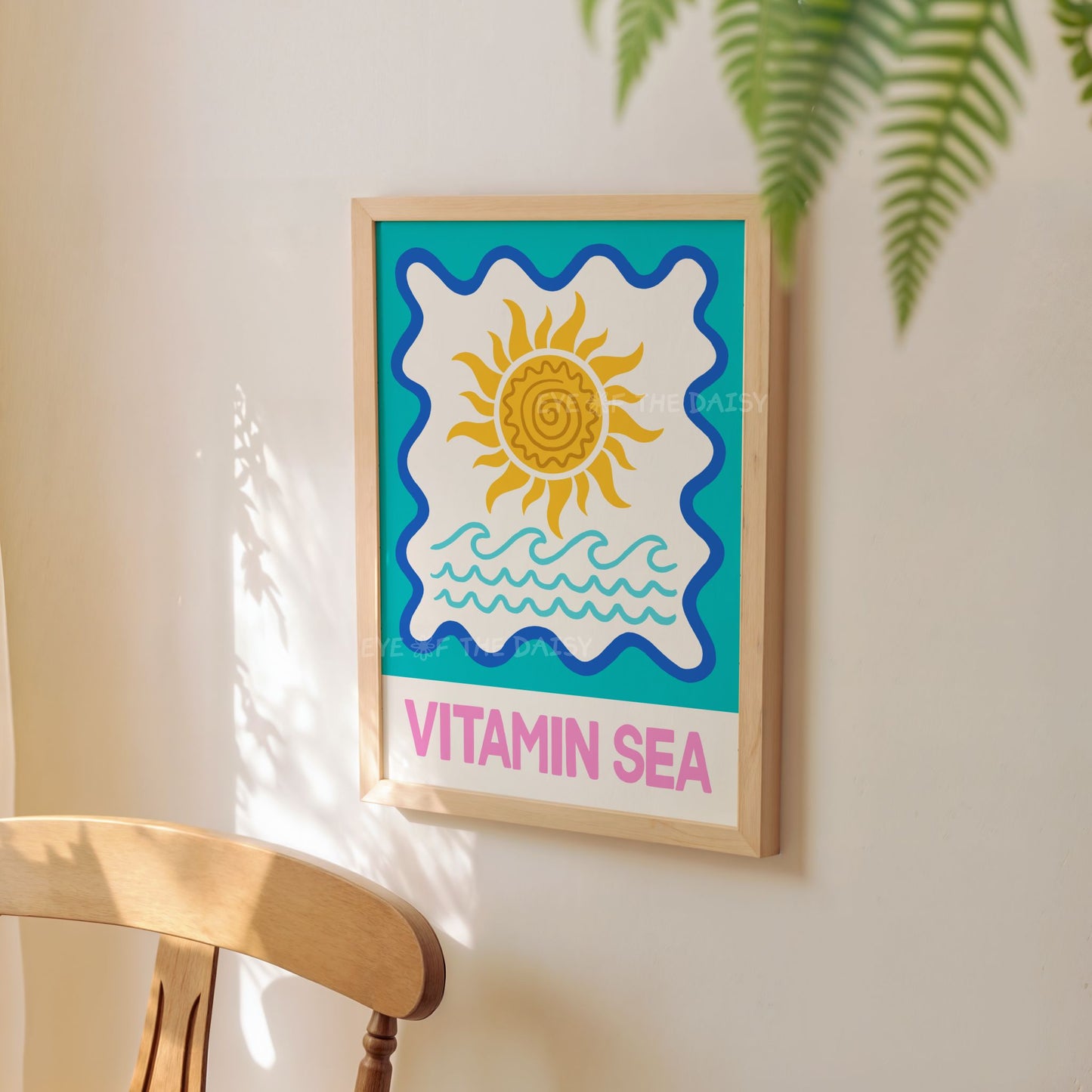 Funky Vitamin Sea poster print in pink, turquoise and yellow – digital download wall art, coastal beach vibes for modern apartment