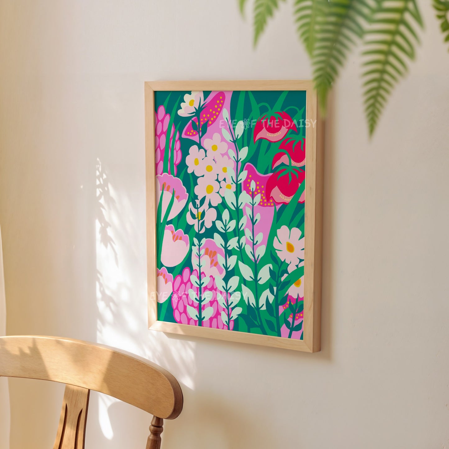 Whimsical botanical art print – colourful abstract flower poster download, ideal for unique vacation rental wall decor