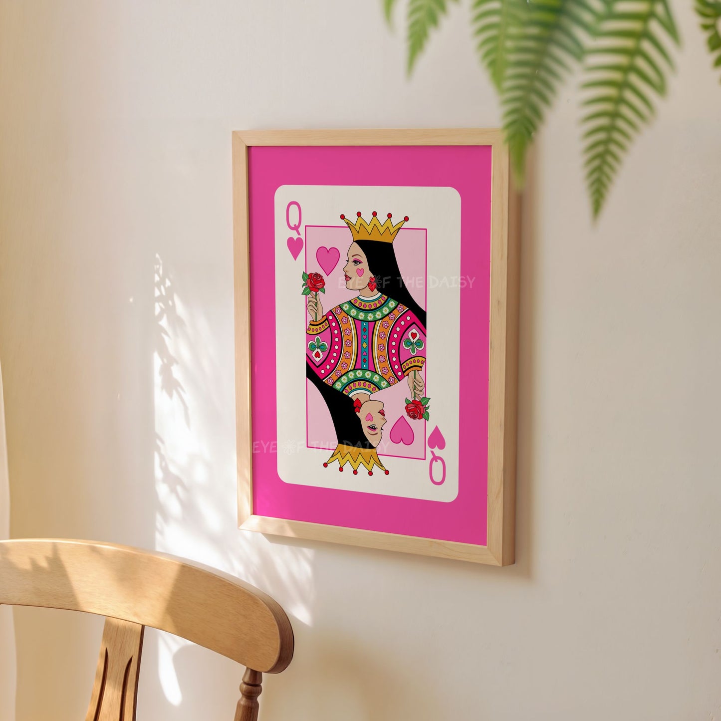 Pink Queen of Hearts art print – vibrant modern digital download, DIY wall decor for fun, colourful girls' spaces