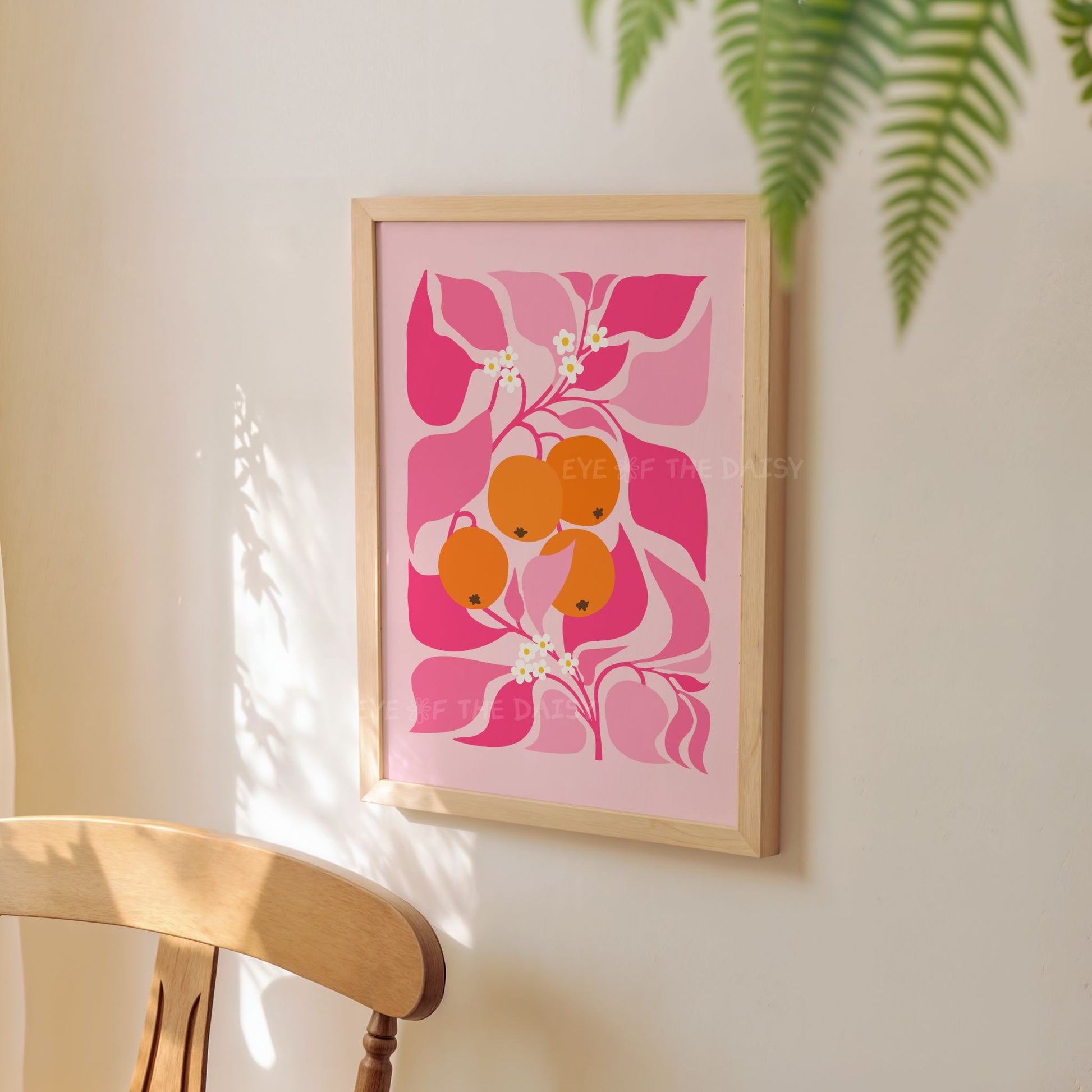 Abstract orange tree printable poster with intertwining leaves – fun dopamine decor illustration in hot pink and orange on pale pink background