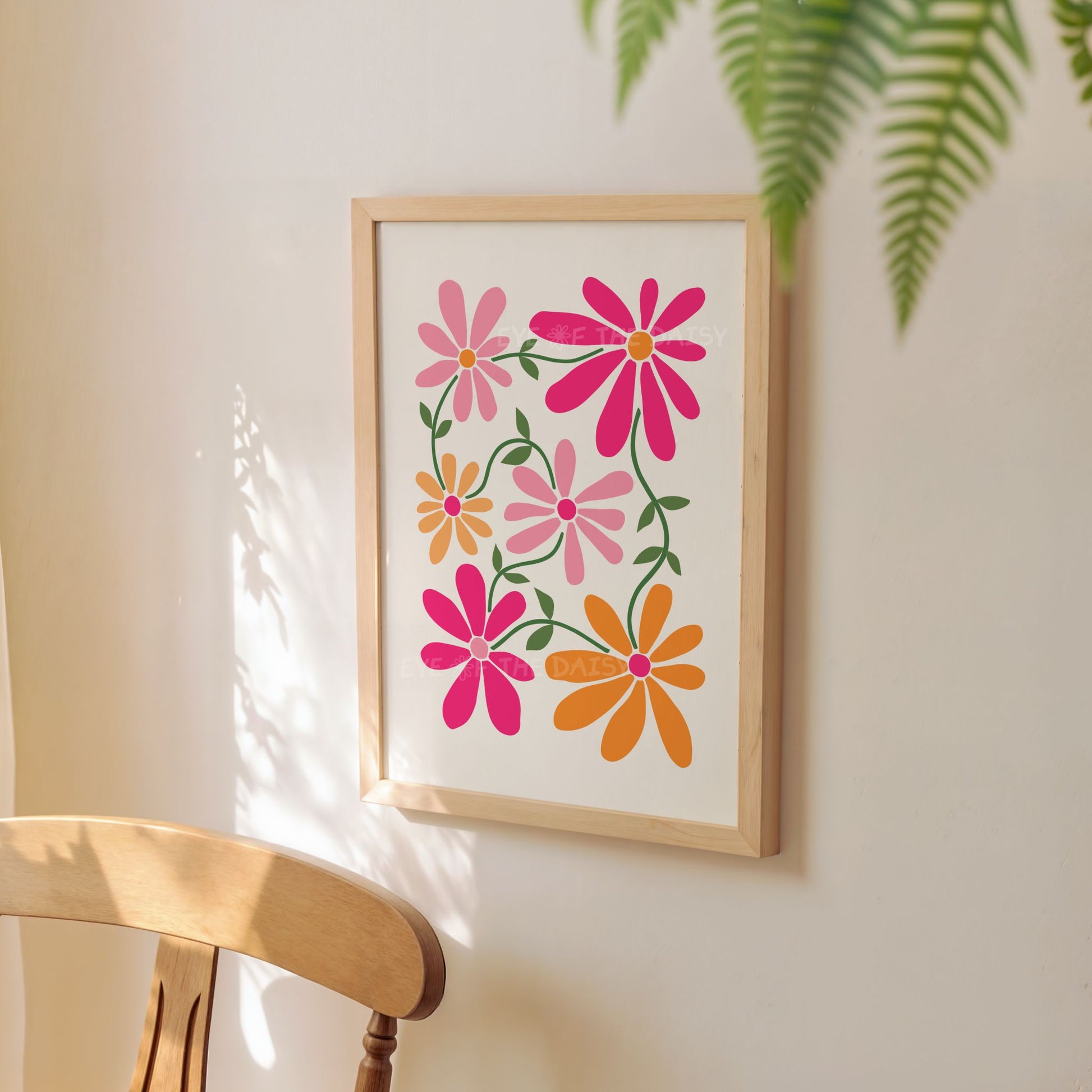 Bright pink and orange floral wall art print for toddler girl’s room, vibrant daisy poster printable, boho nursery digital download artwork