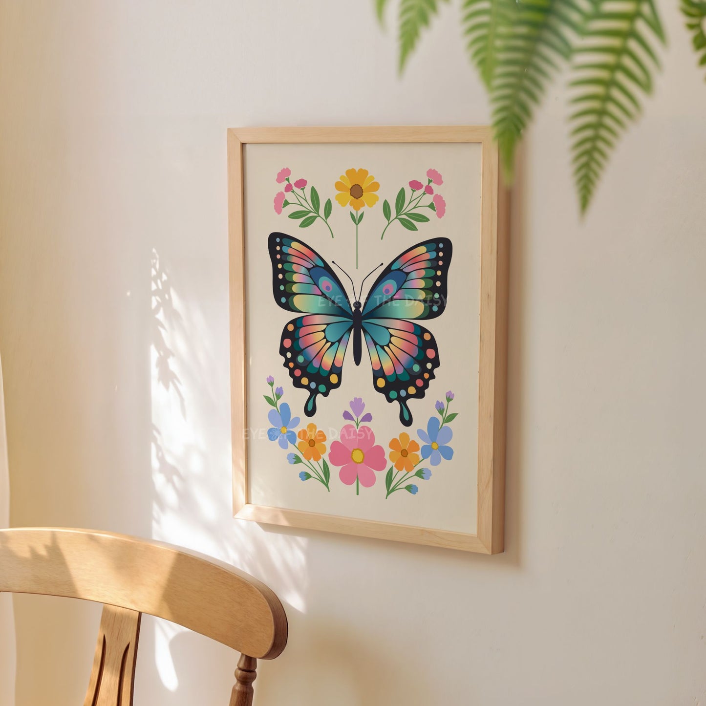 Modern Scandi style butterfly and flowers wall print with vibrant colours, great gift for a children's room