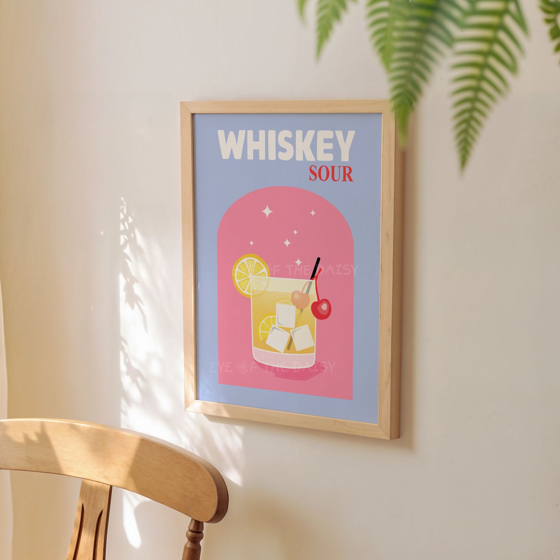 Printable Whiskey Sour cocktail art in pink and blue, modern drink poster for dining room wall decor or entertaining space