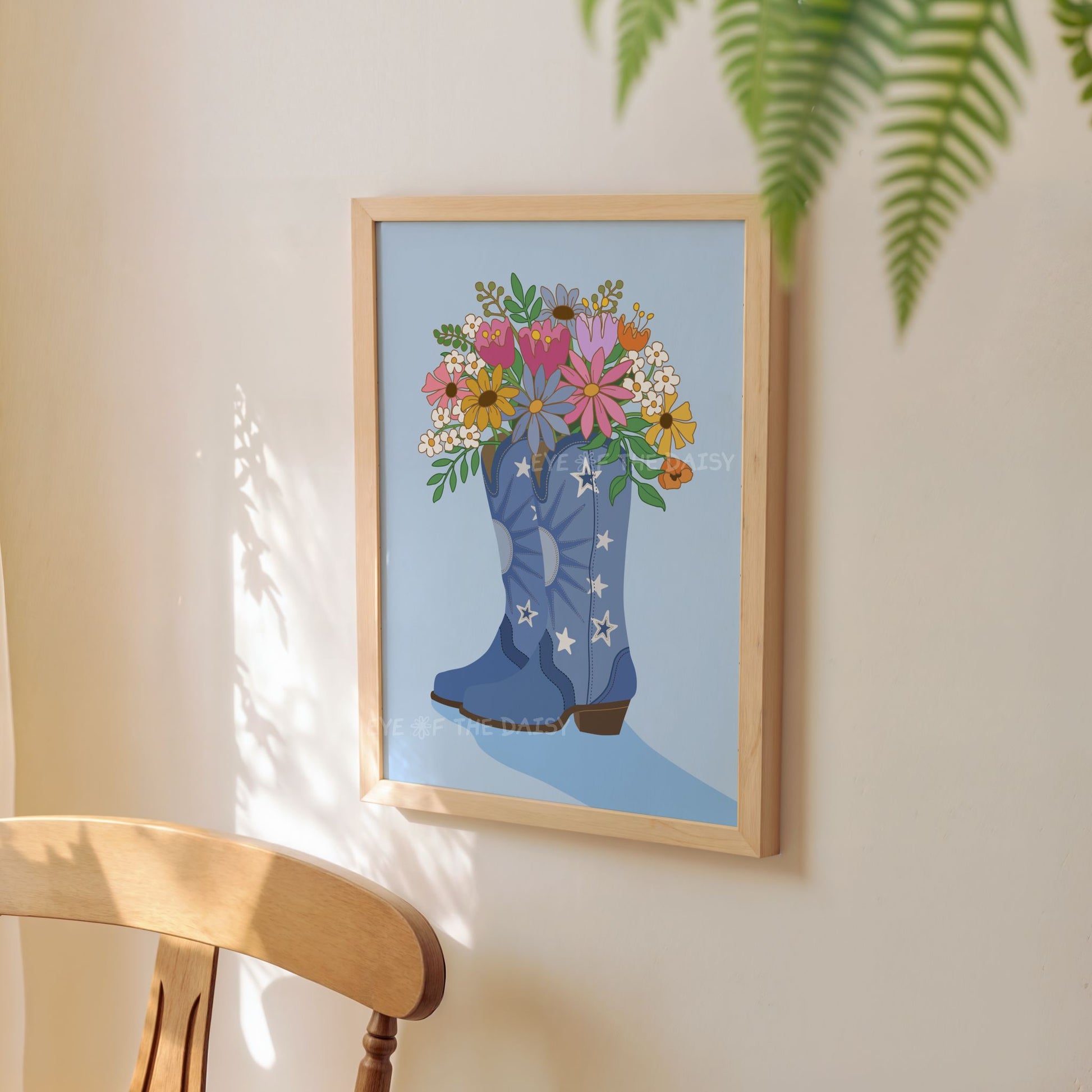Funky Y2K cowgirl boots printable wall art – blue flower poster download, fun digital print for playroom or toddler's space
