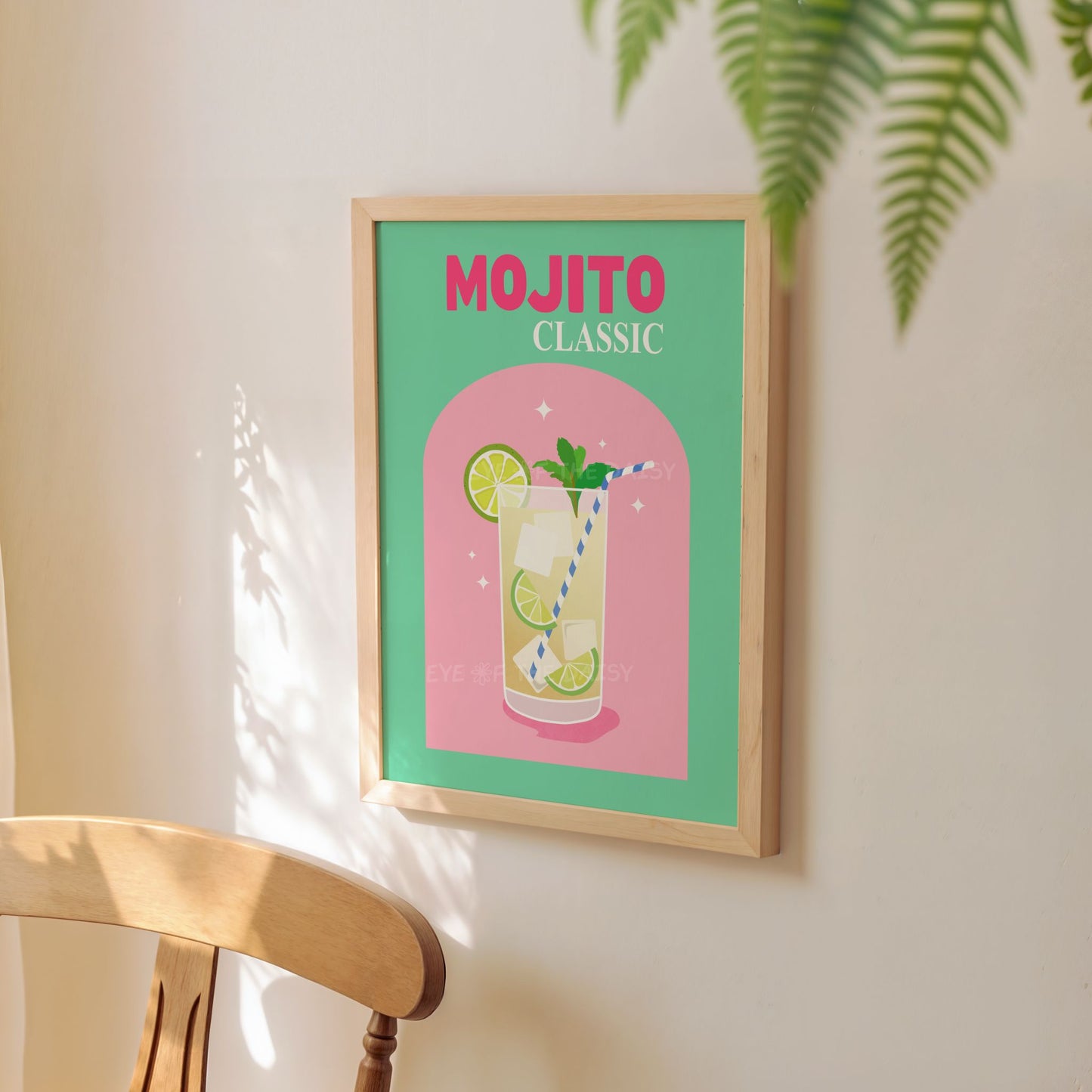 Colorful Mojito cocktail print in turquoise and pink, fun drink wall art digital download for trendy dorm or college room gallery wall