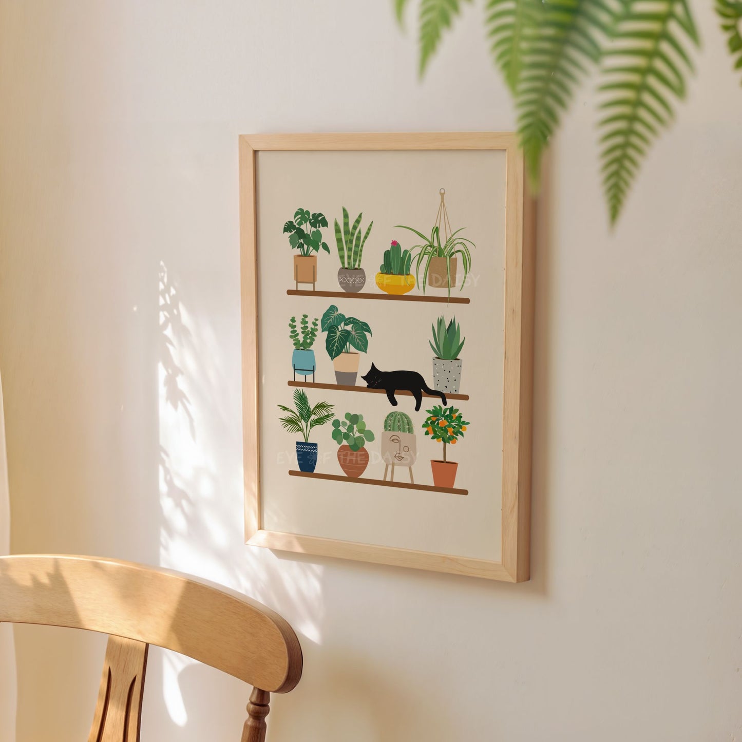 Boho cat and house plants printable wall art with sleeping black cat and potted plants on shelves illustration