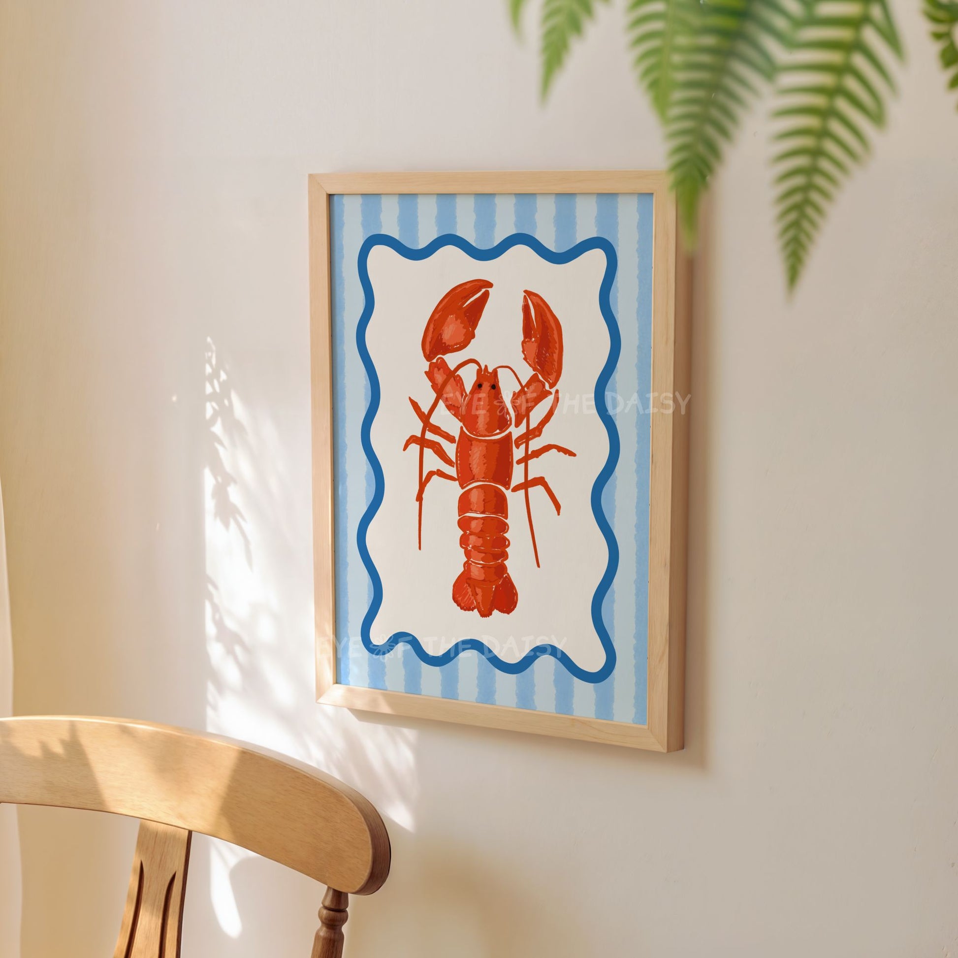 Trendy hand drawn red lobster illustration digital download print with quirky blue striped border