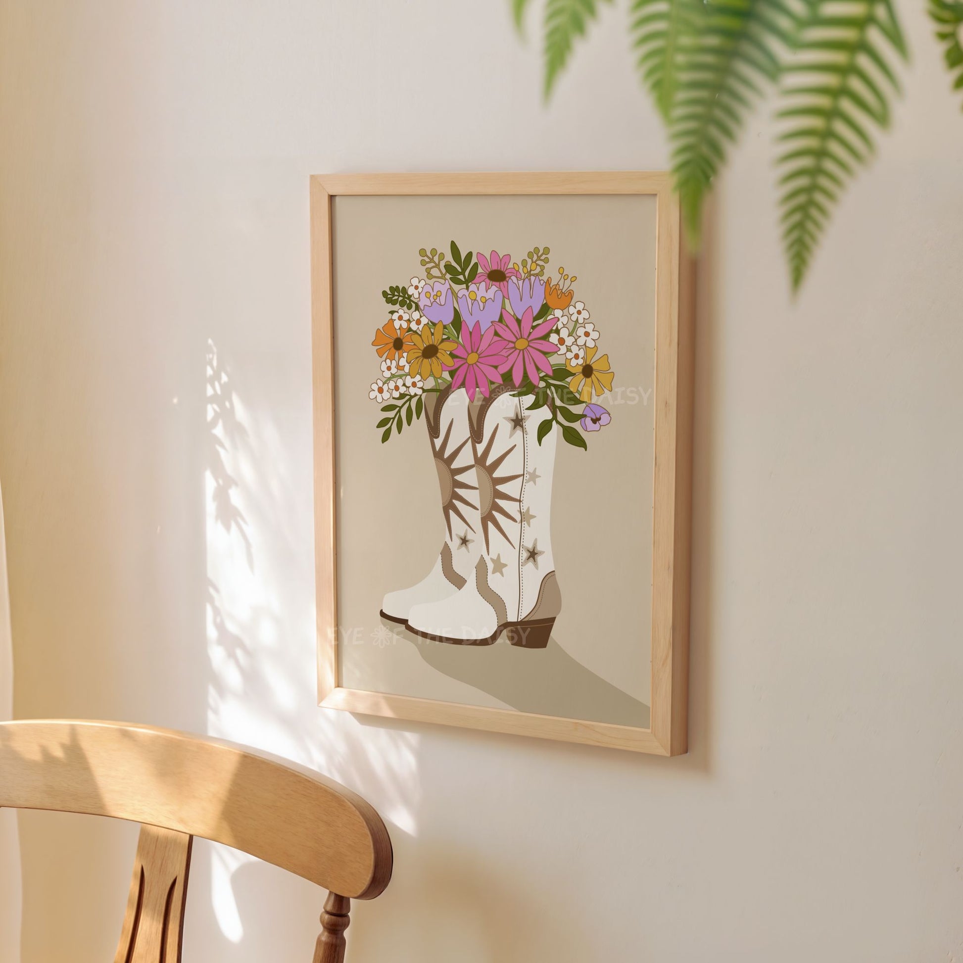 Cute cowgirl boots illustration in beige with floral bouquet, printable wall art for nursery or toddler girl's boho room