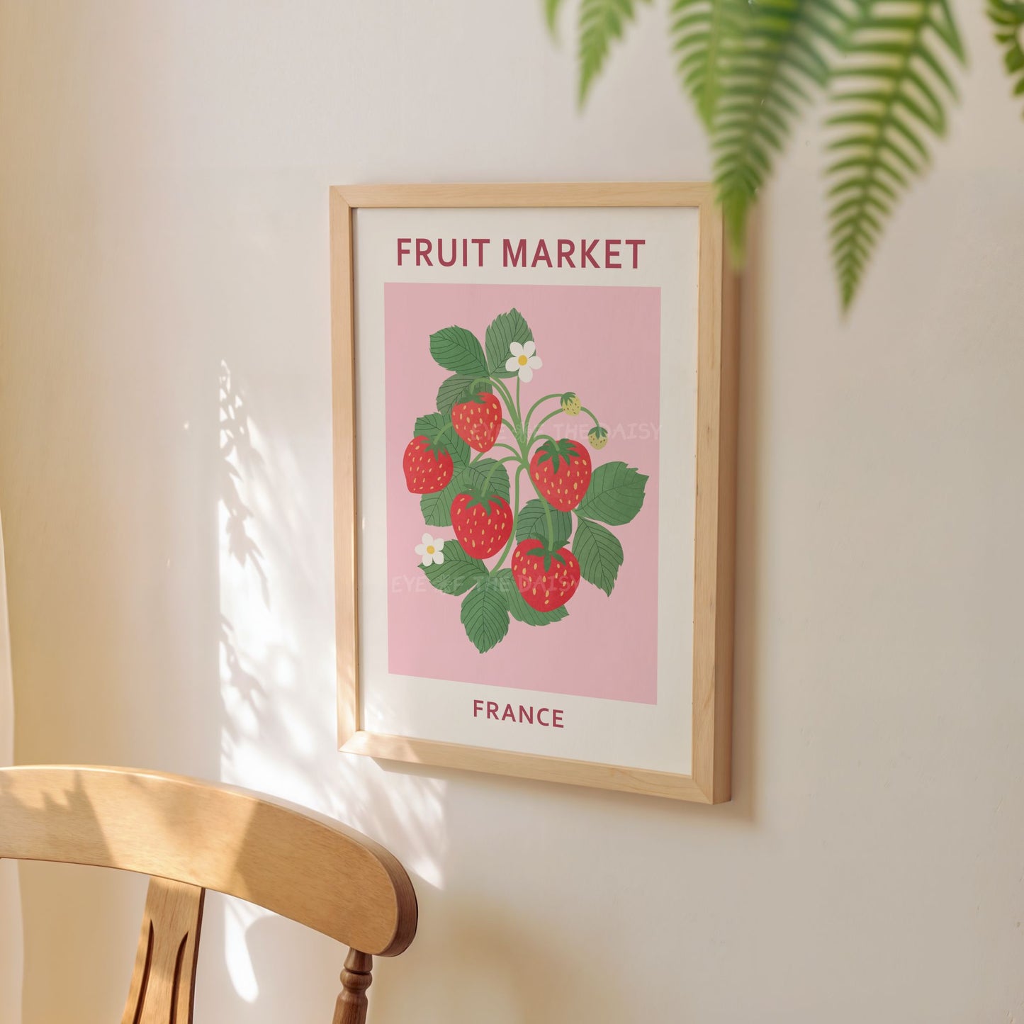 Pastel pink strawberry poster download — Fruit Market France abstract fruit wall art for whimsical boho dining room or dopamine decor