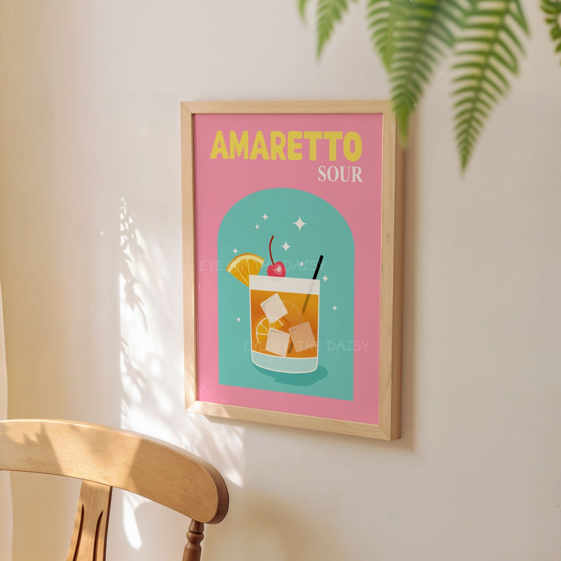 Pink and turquoise Amaretto Sour cocktail wall art, trendy printable drink poster download for fun modern kitchen decor
