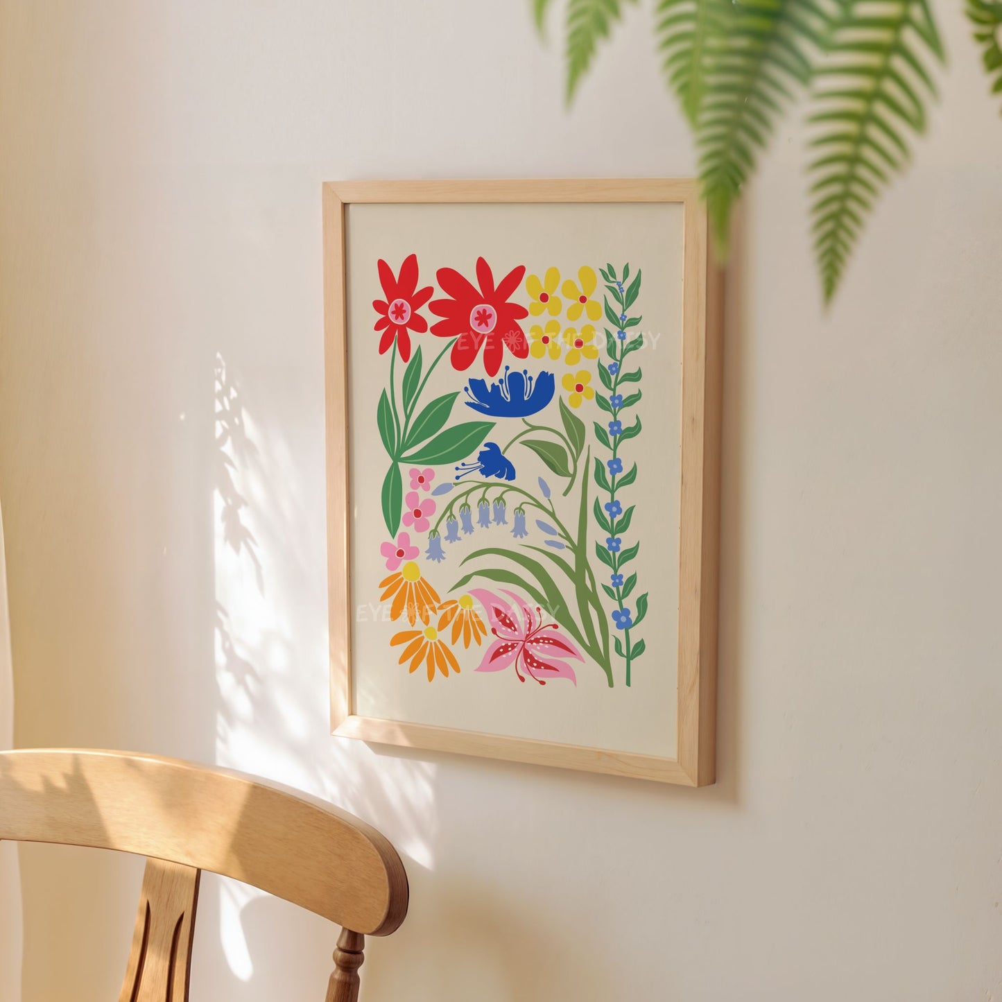 Vibrant botanical printable wall art with red, royal blue, yellow, orange and pink abstract flowers and green leaves on beige