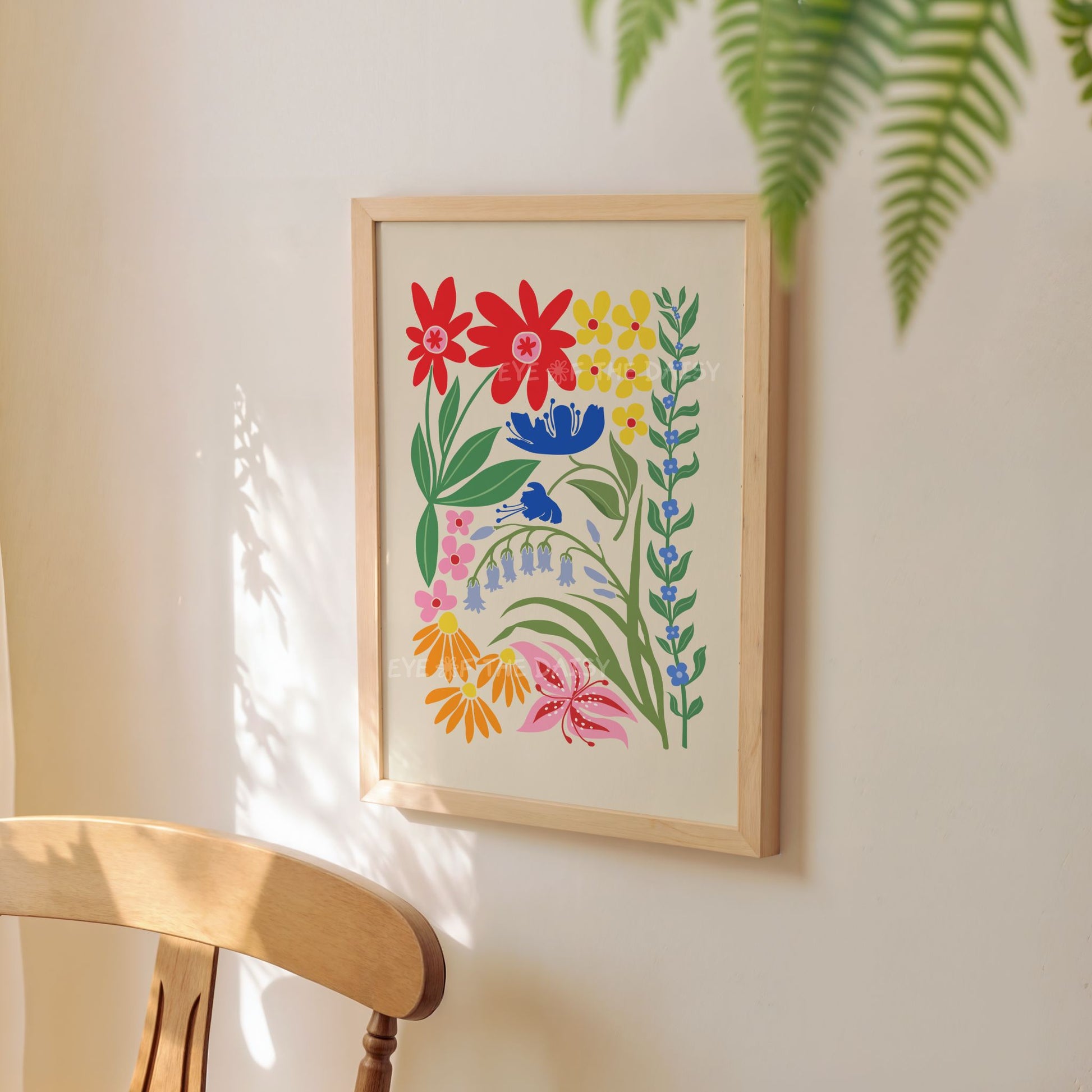 Vibrant botanical printable wall art with red, royal blue, yellow, orange and pink abstract flowers and green leaves on beige