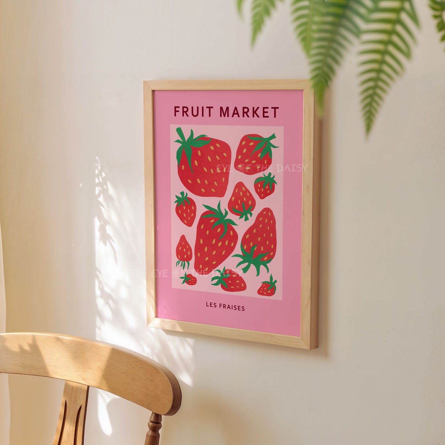 Abstract whimsical strawberry print with strawberries illustration, makes great dopamine decor or fun kitchen wall art