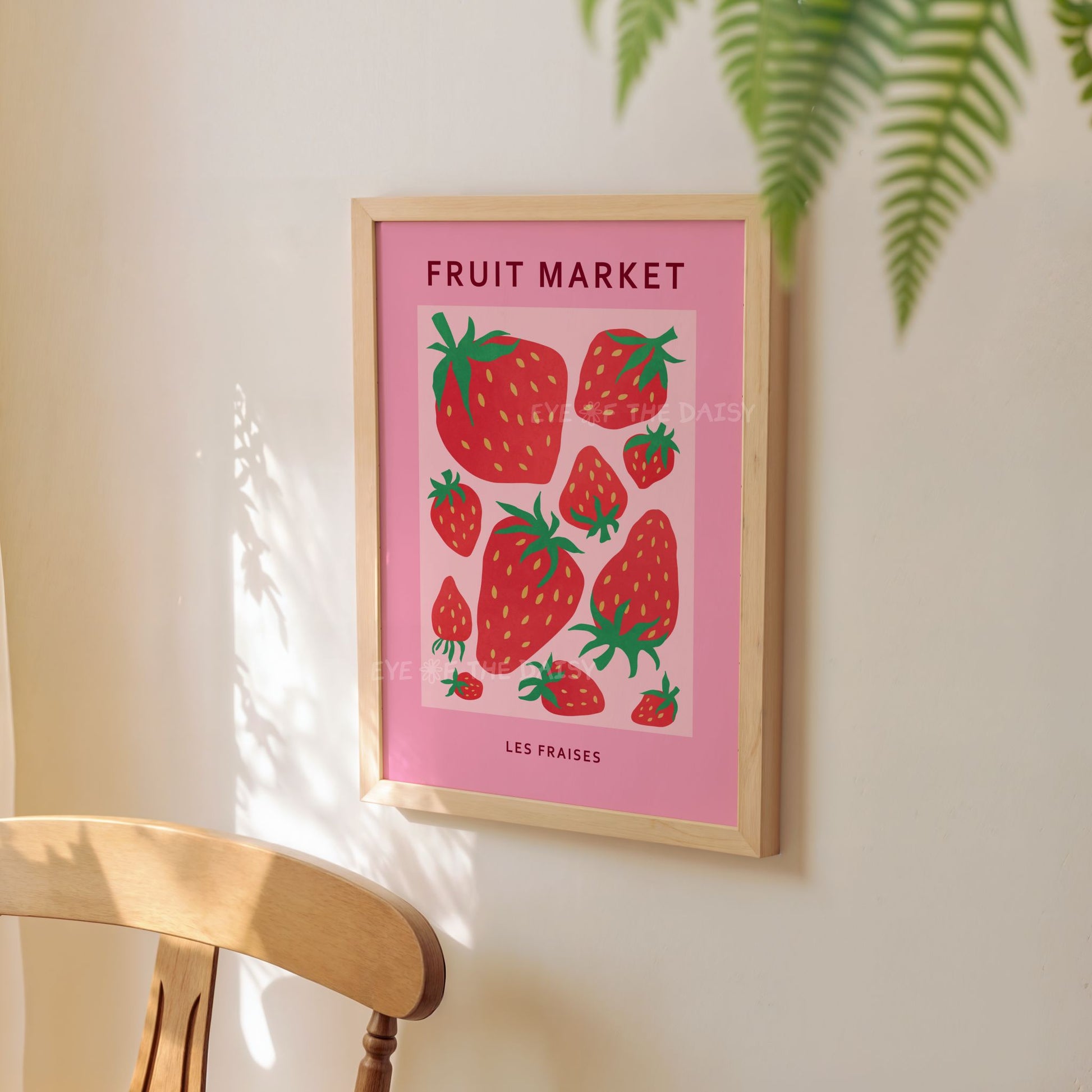 Abstract whimsical strawberry print with strawberries illustration, makes great dopamine decor or fun kitchen wall art