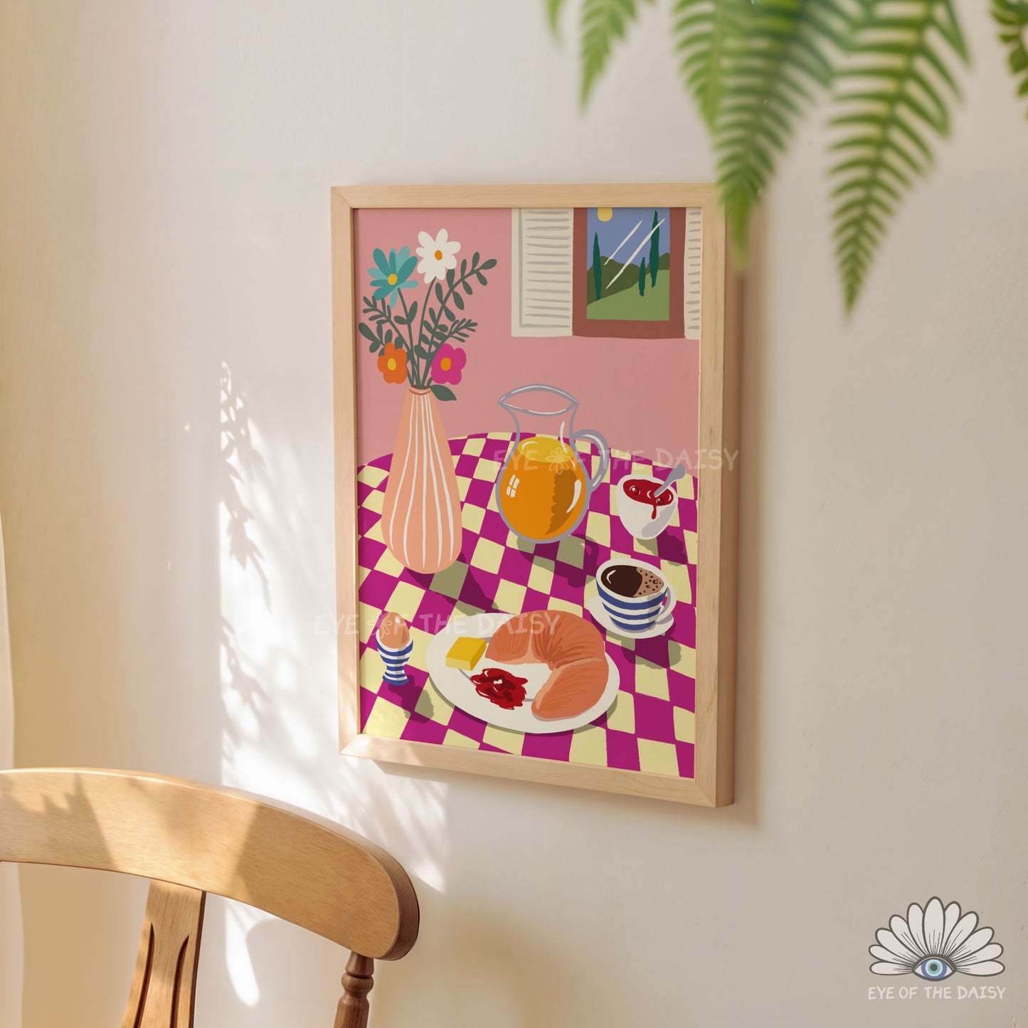 Breakfast Table Illustration Digital Print | Croissant Eggs Coffee Food Printable Wall Art