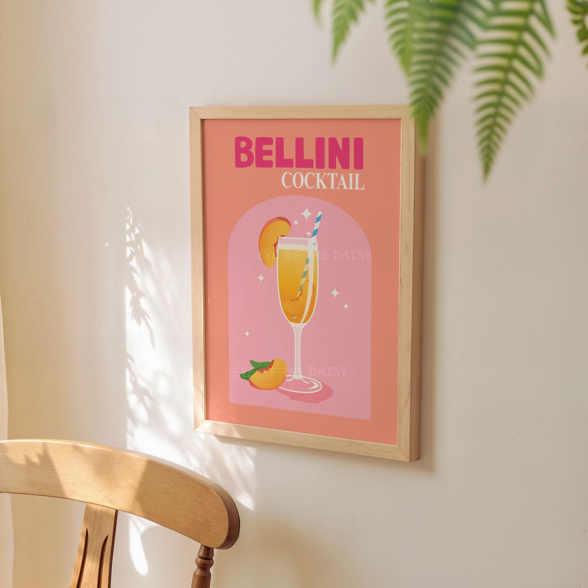Colorful Bellini cocktail printable – retro wall art poster, downloadable cocktail sign perfect for trendy apartment or event party vibes
