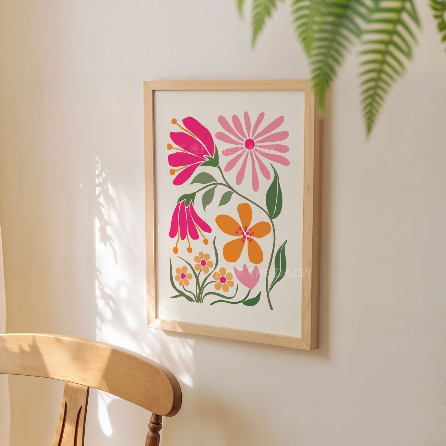 Boho pink daisy floral poster for gallery wall decor, instant download artwork in orange and pink, modern printable digital wall art