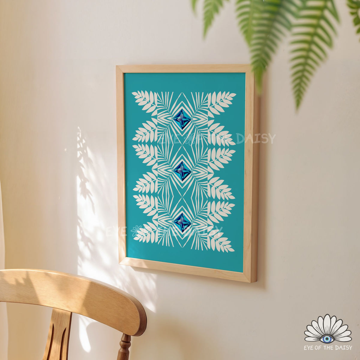 vibrant turquoise botanical poster printable, abstract tribal artwork for creative studio decor