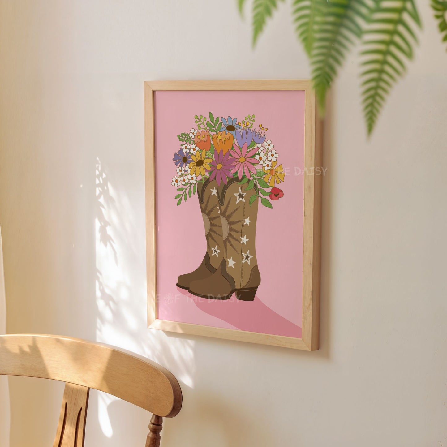 Cute Y2K whimsical cowgirl boots illustration in pink, floral printable art for baby girl’s nursery, toddler bedroom or play space