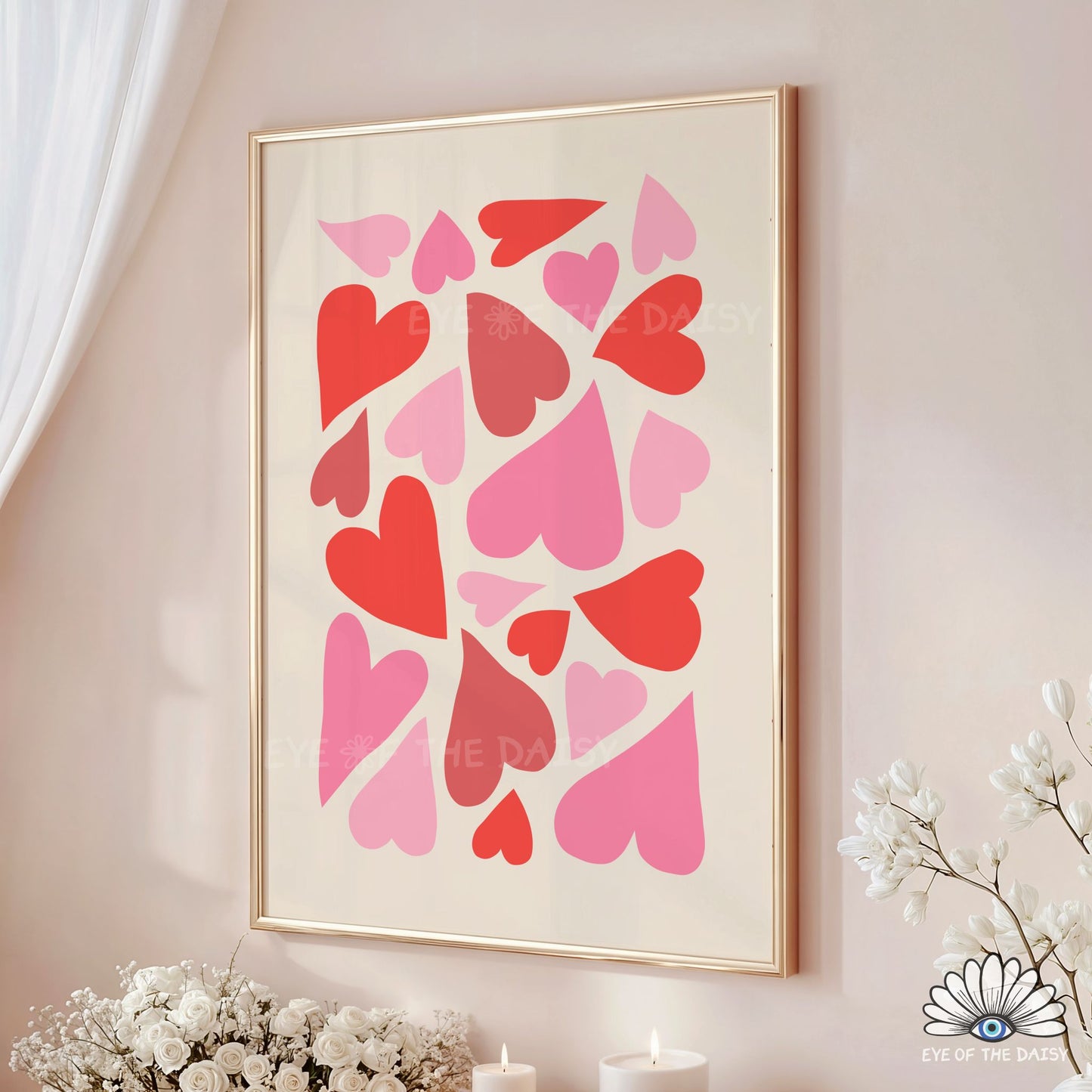 Eclectic abstract hearts printable wall art in vibrant red and pink, playful dopamine decor for stylish interiors