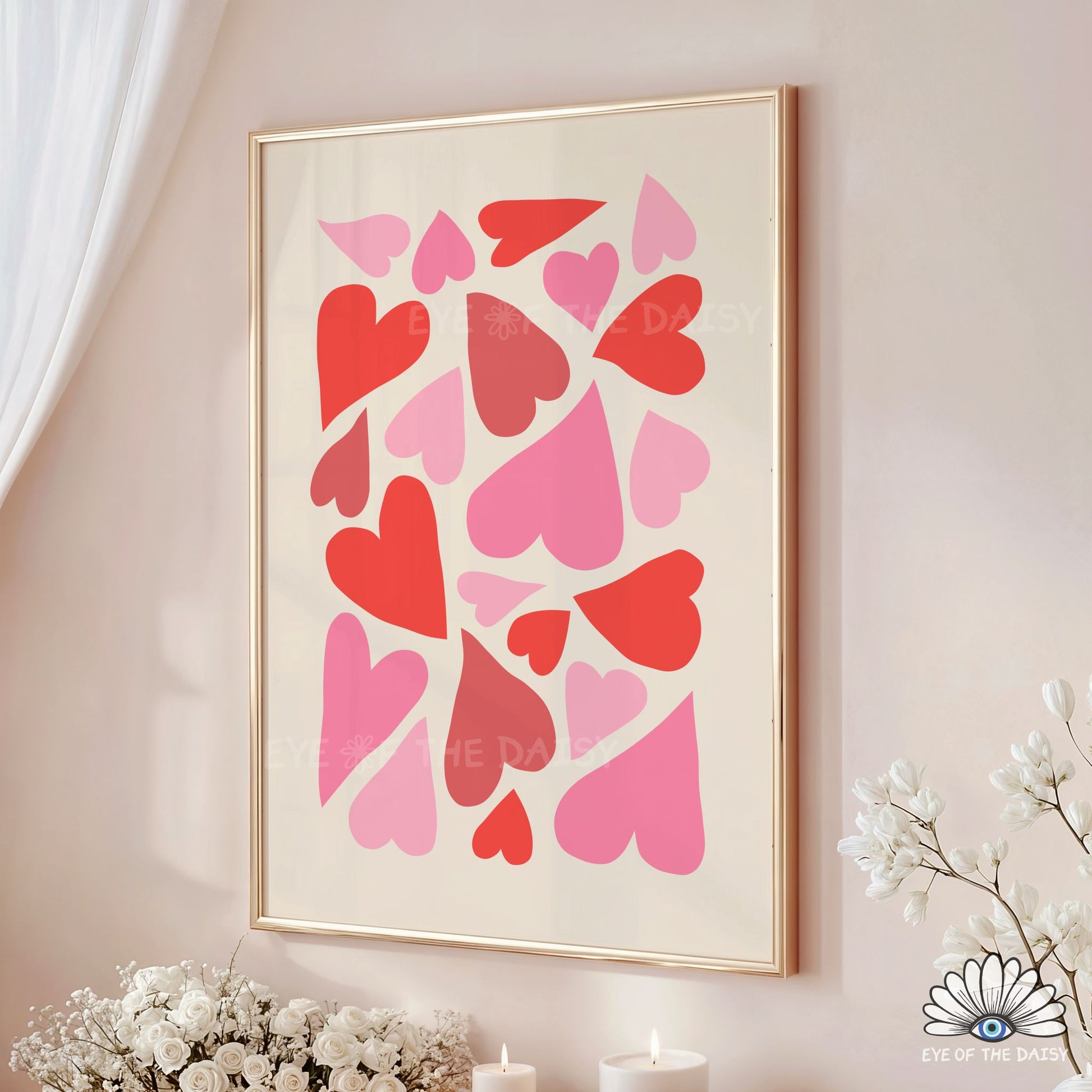 Eclectic abstract hearts printable wall art in vibrant red and pink, playful dopamine decor for stylish interiors