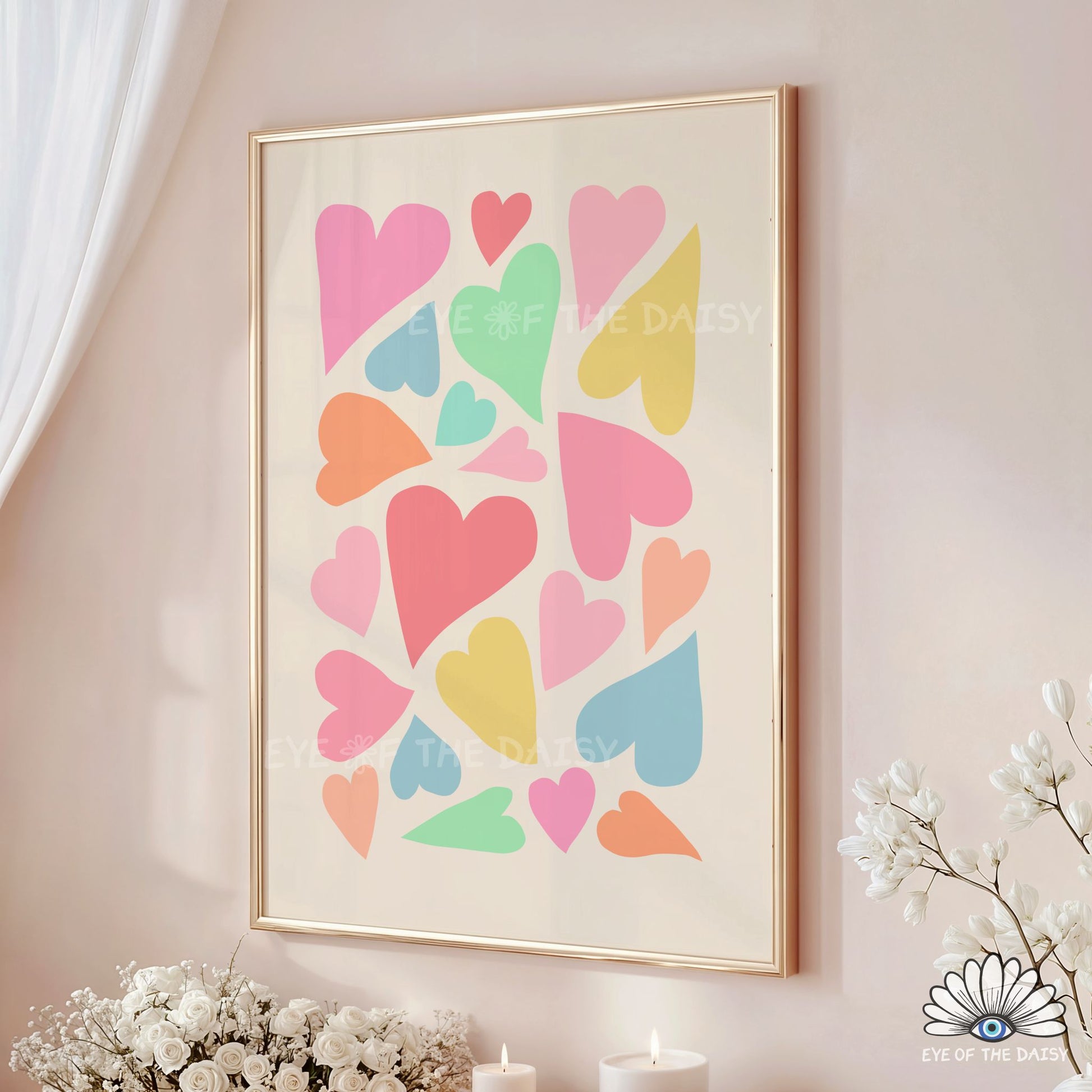 Colorful abstract hearts poster in soft pastel tones, cute modern wall art for dorm room or apartment