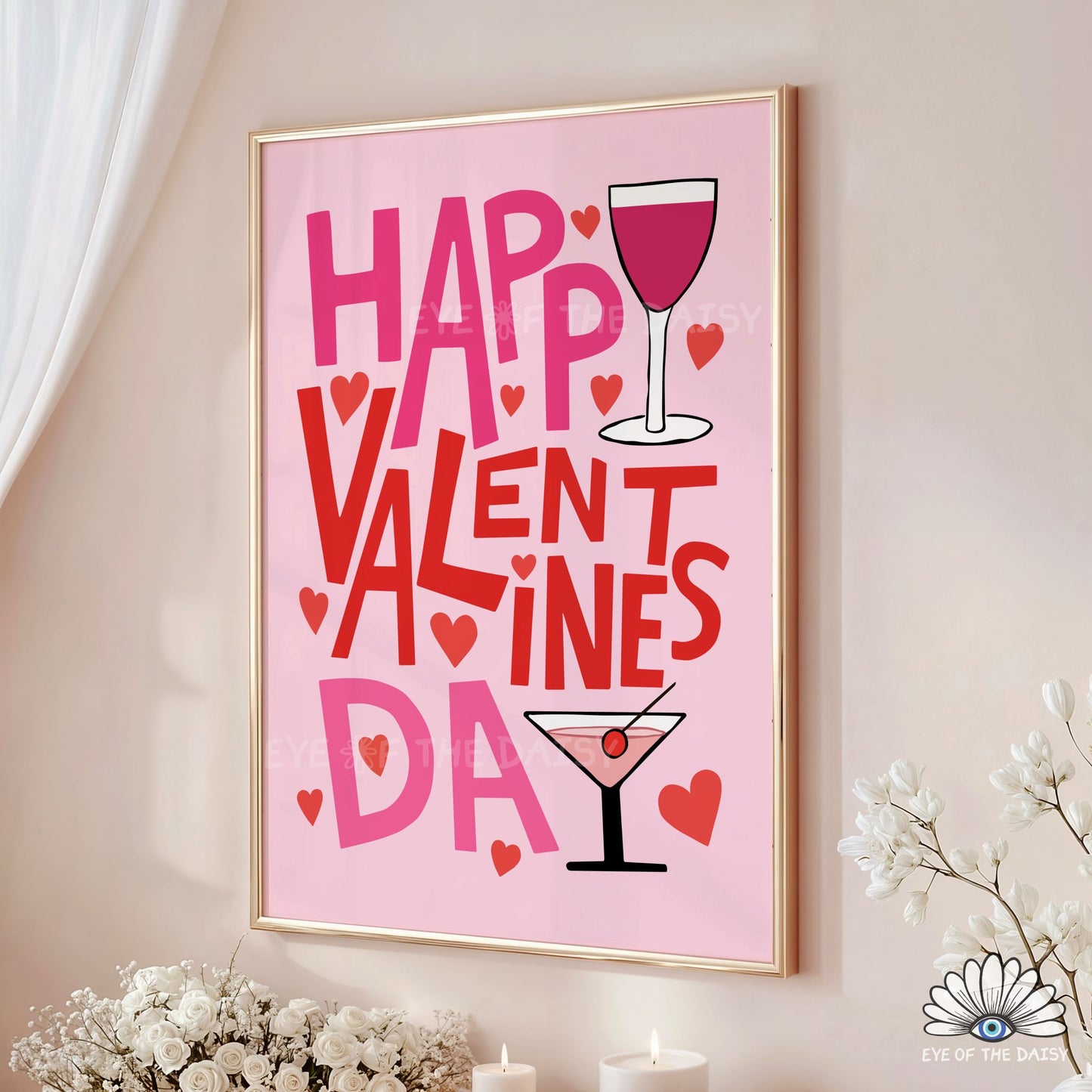 Galentine’s Day party printable wall art, Happy Valentine’s Day print download with playful martini and wine glass design