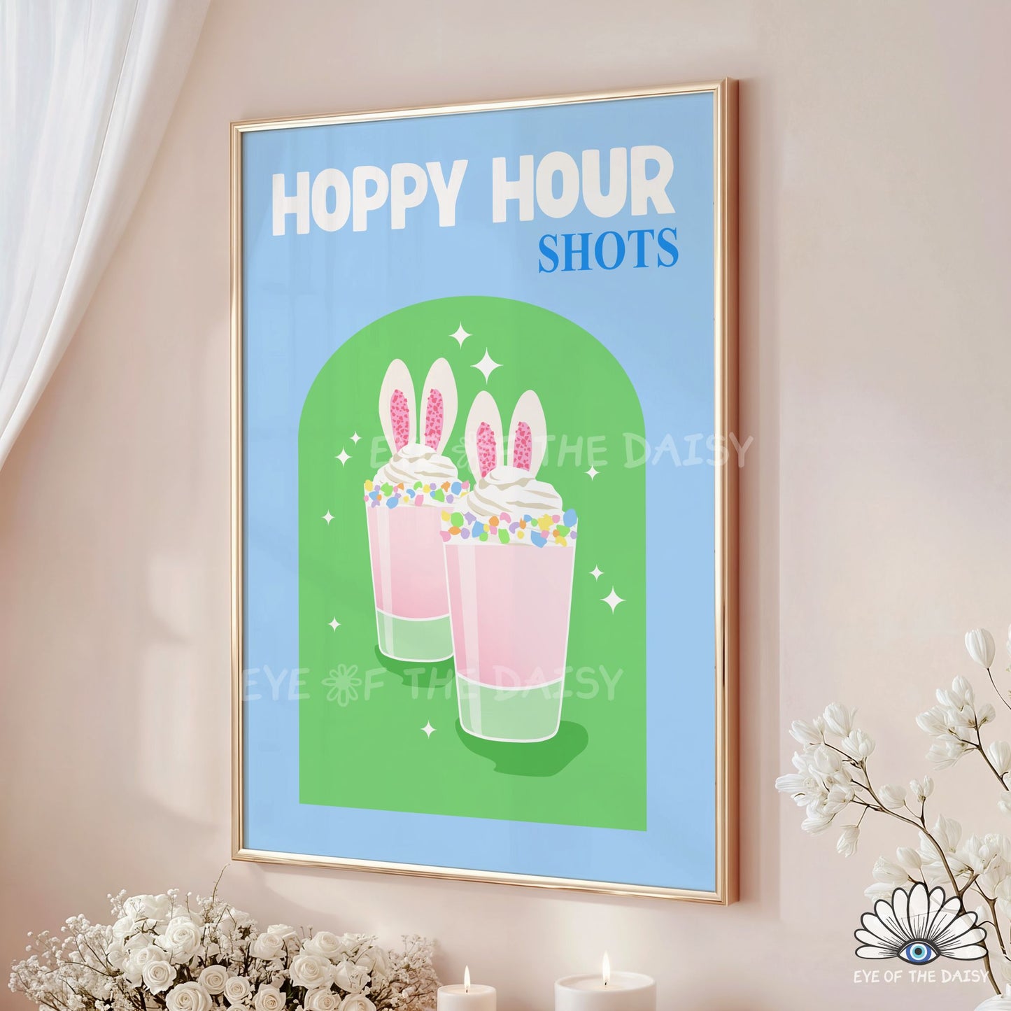 Whimsical Easter drink printable wall art, Hoppy Hour Shots poster for kitchen