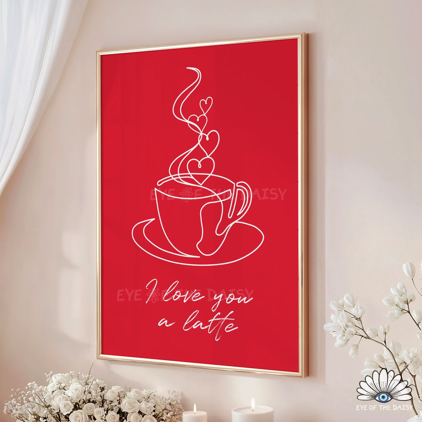 Cute typography coffee printable wall art, one line coffee cup drawing with hearts for Valentine’s Day or anniversary